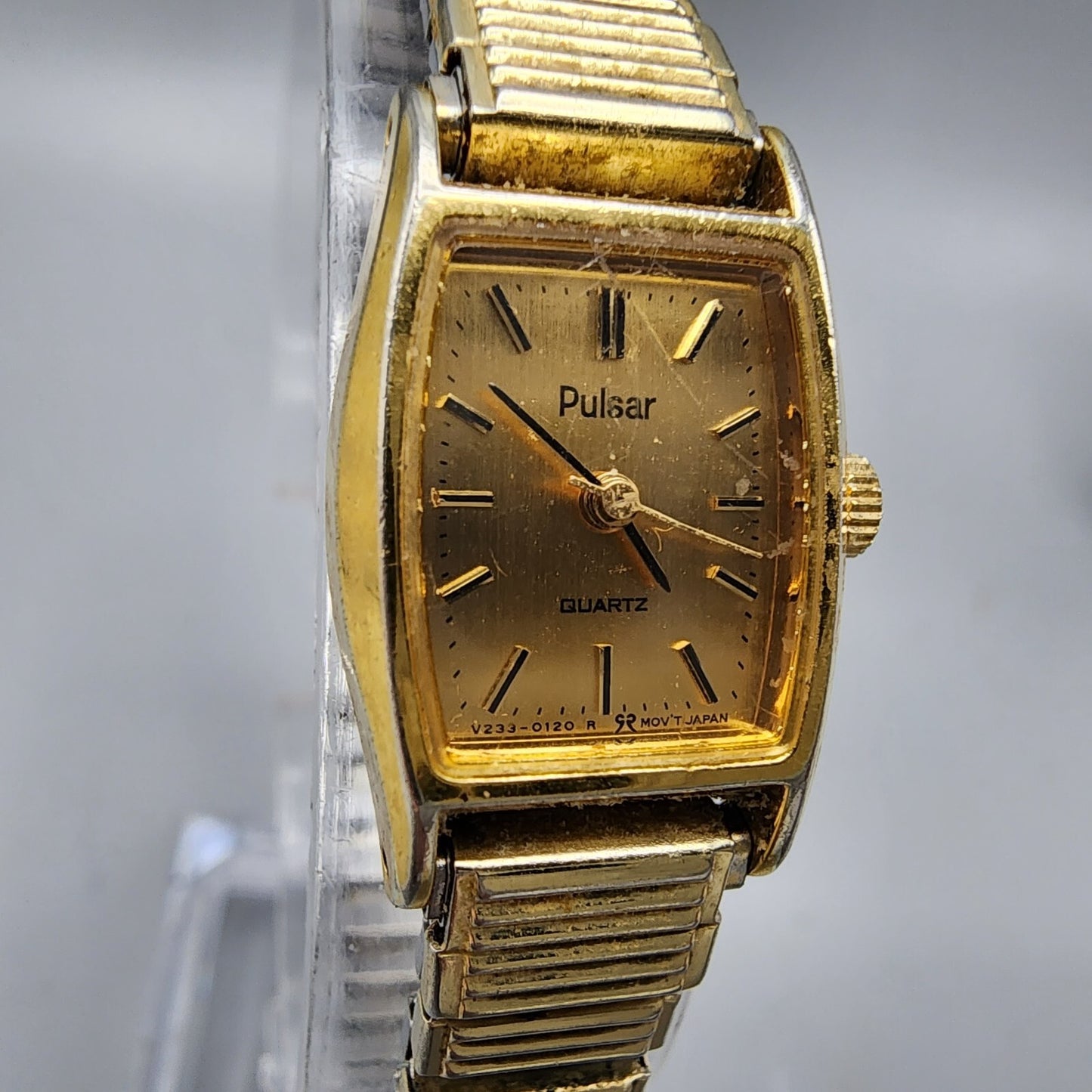 VTG Pulsar Watch Women Gold Tone Rectangle 16mm V233-5100 Stretch Band New Batt