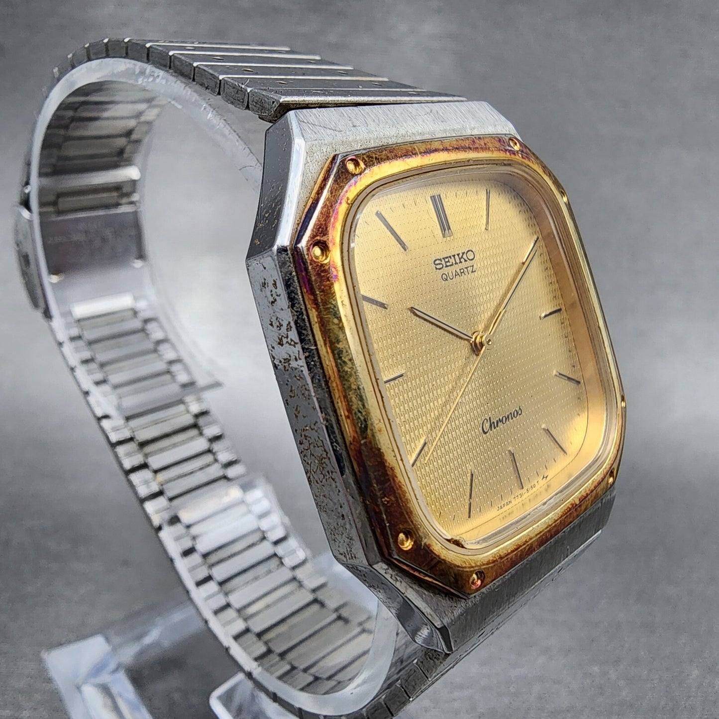 Seiko Chronos Watch Men 31mm Gold Dial Two Tone Octagon 7731-5130 New Battery