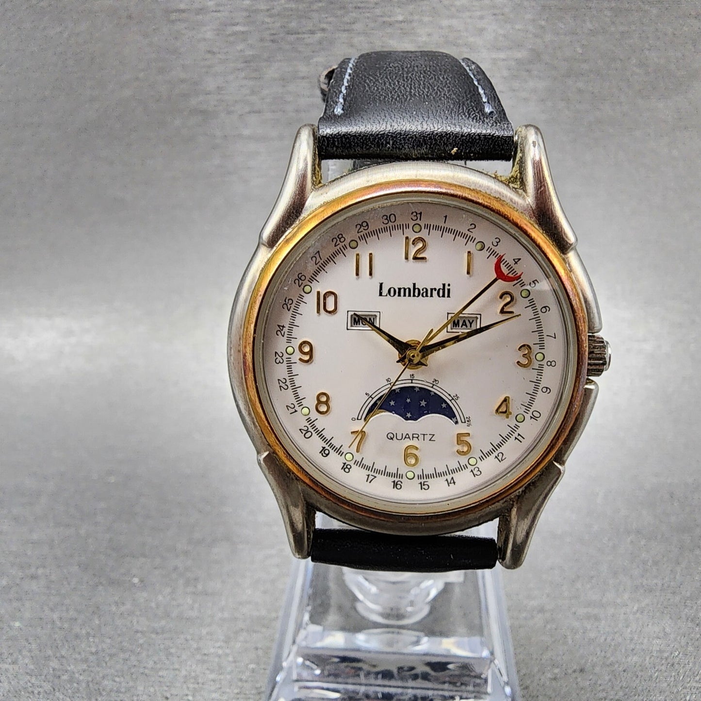 Lombardi Triple Calendar Moonphase Watch Men 35mm White Dial Two Tone New Batt