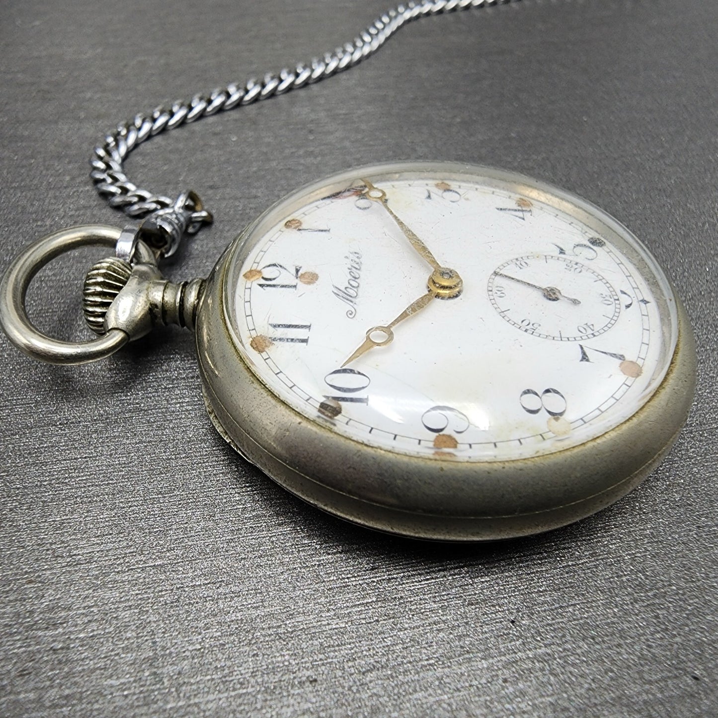 Moeris Pocket Watch Men 43mm White Dial Steel Manual Wind READ!!! Vintage