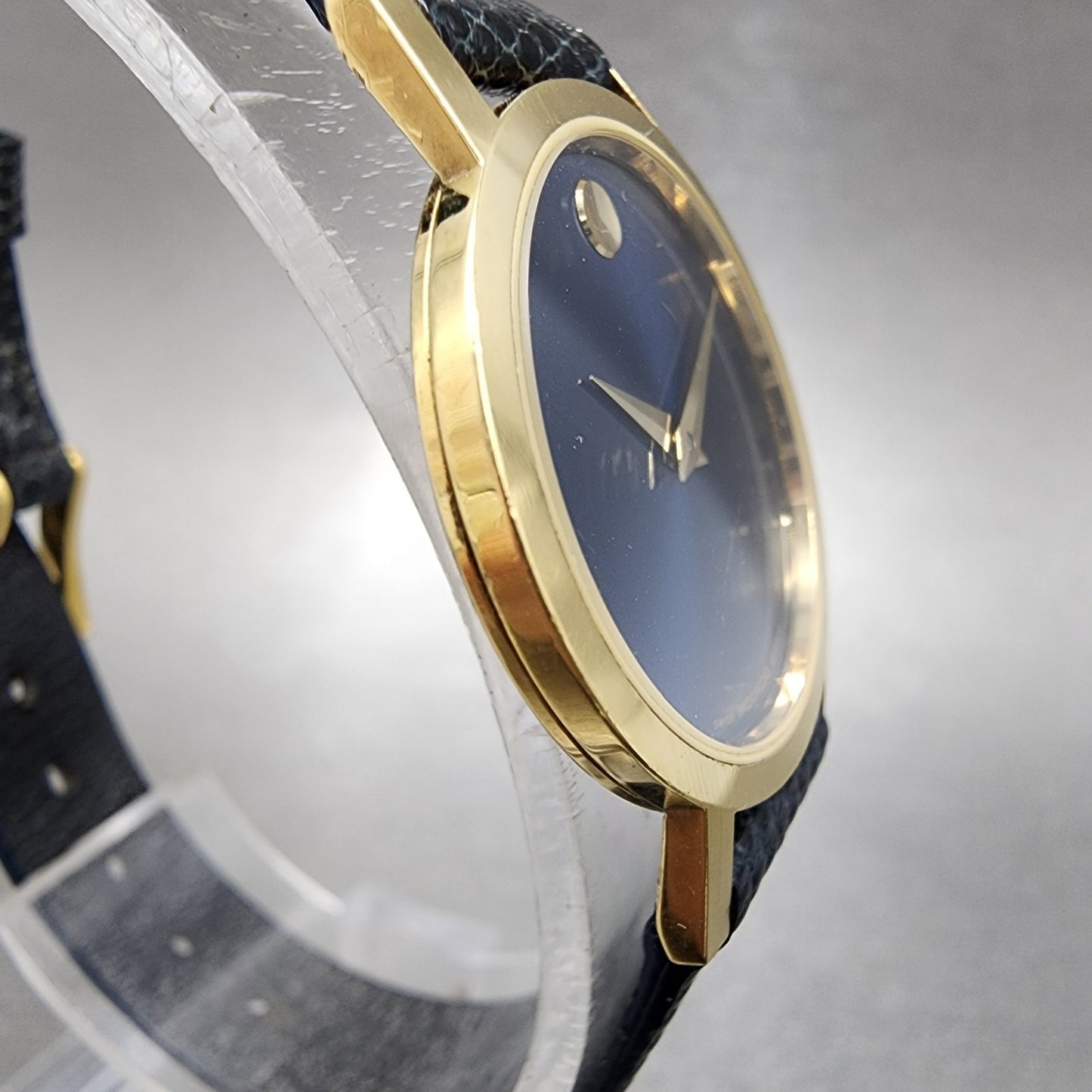Movado Museum Watch Women 25mm Blue Dial Gold Plated Round Lizard Band New Batt