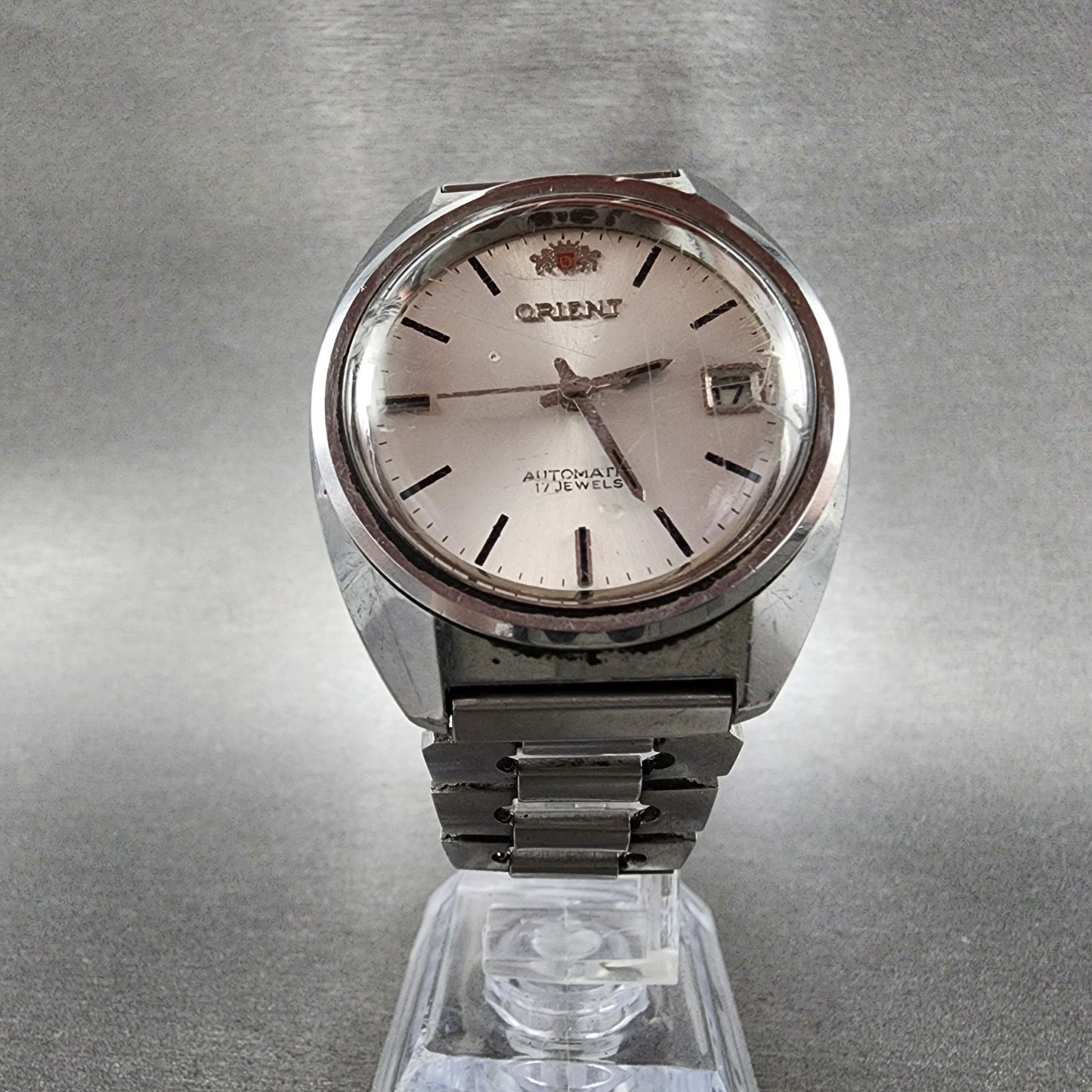 Orient Automatic Watch Men 37mm White Dial SIlver Tone Date NO CROWN Runs VTG