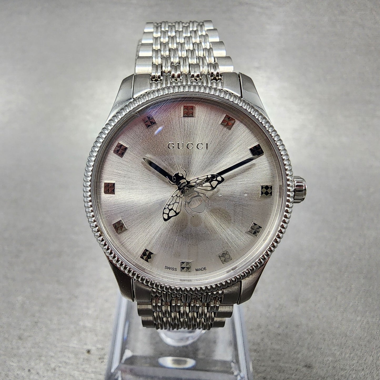 Gucci G-Timeless Watch Women 29mm Silver Dial Steel Round Bracelet YA1265019