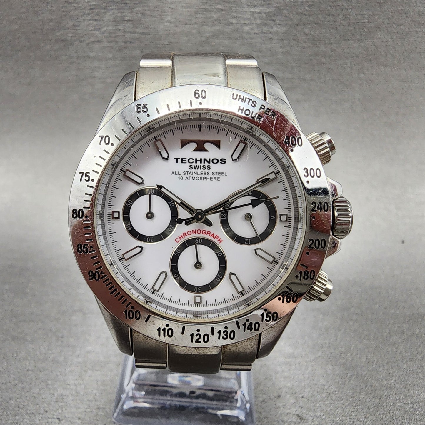 Technos Chronograph Watch Men 39mm White Dial Steel Round TGM615 New Battery