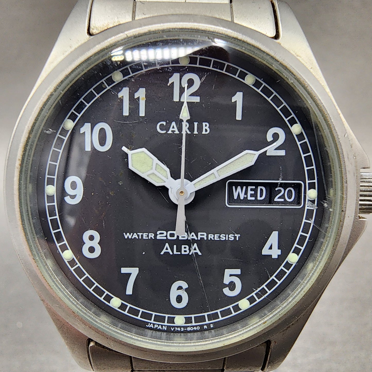 Seiko Alba Carib Watch Men 36mm Black Dial Silver Tone Daydate V743-8000 New Bat