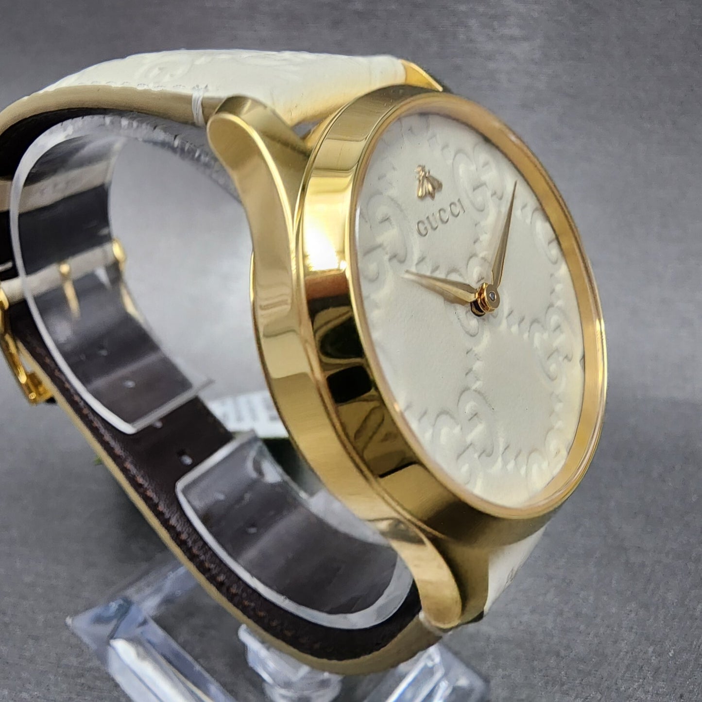 Gucci G-Timeless Watch Women 38mm White Dial Gold Tone Round Leather YA1264033