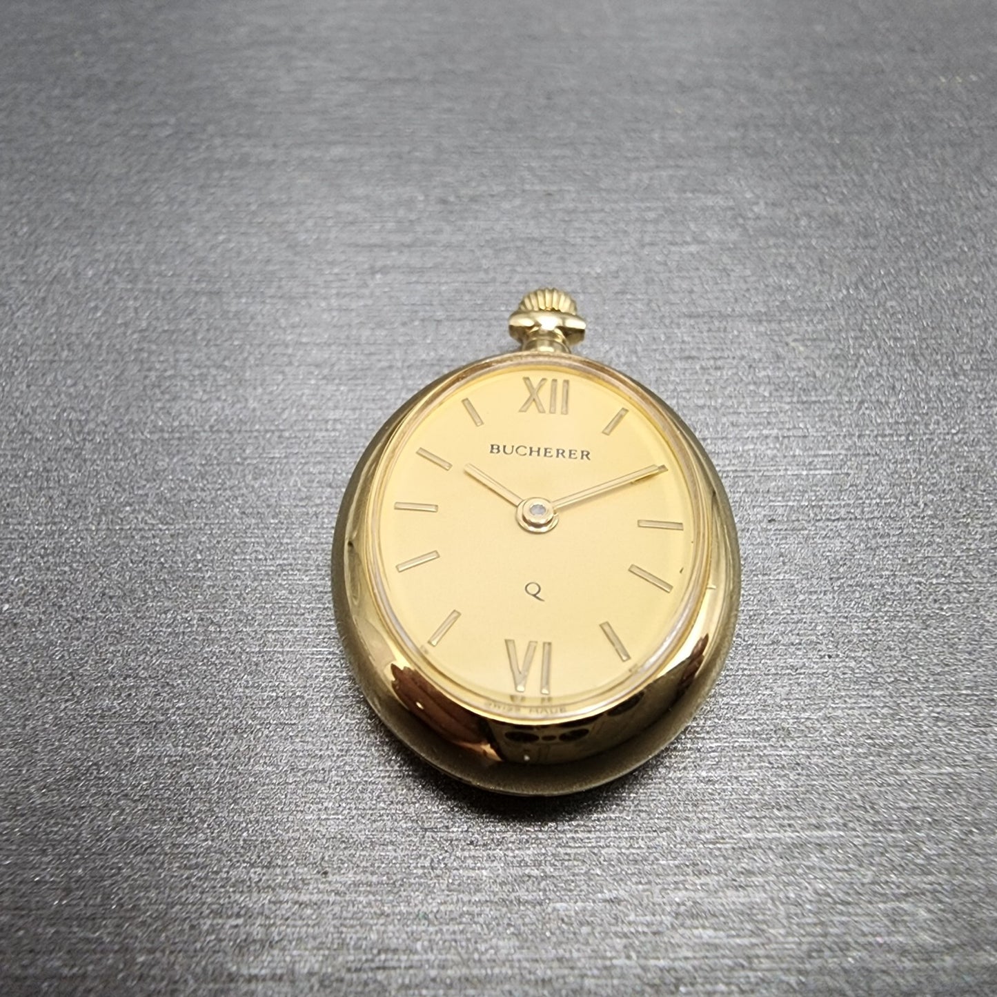 Bucherer Q Pendant Watch Women 20mm Gold Dial Gold Tone Oval New Battery