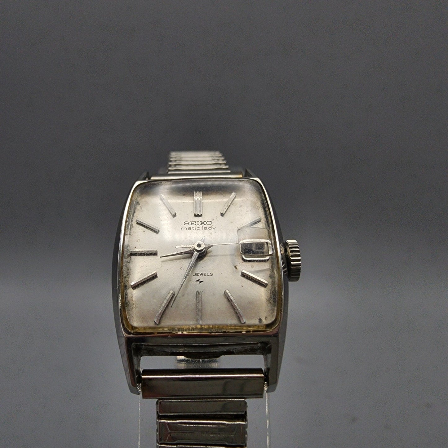 Vintage Seiko Matic lady Watch women Silver Tone White Dial Date21 Jewels Works