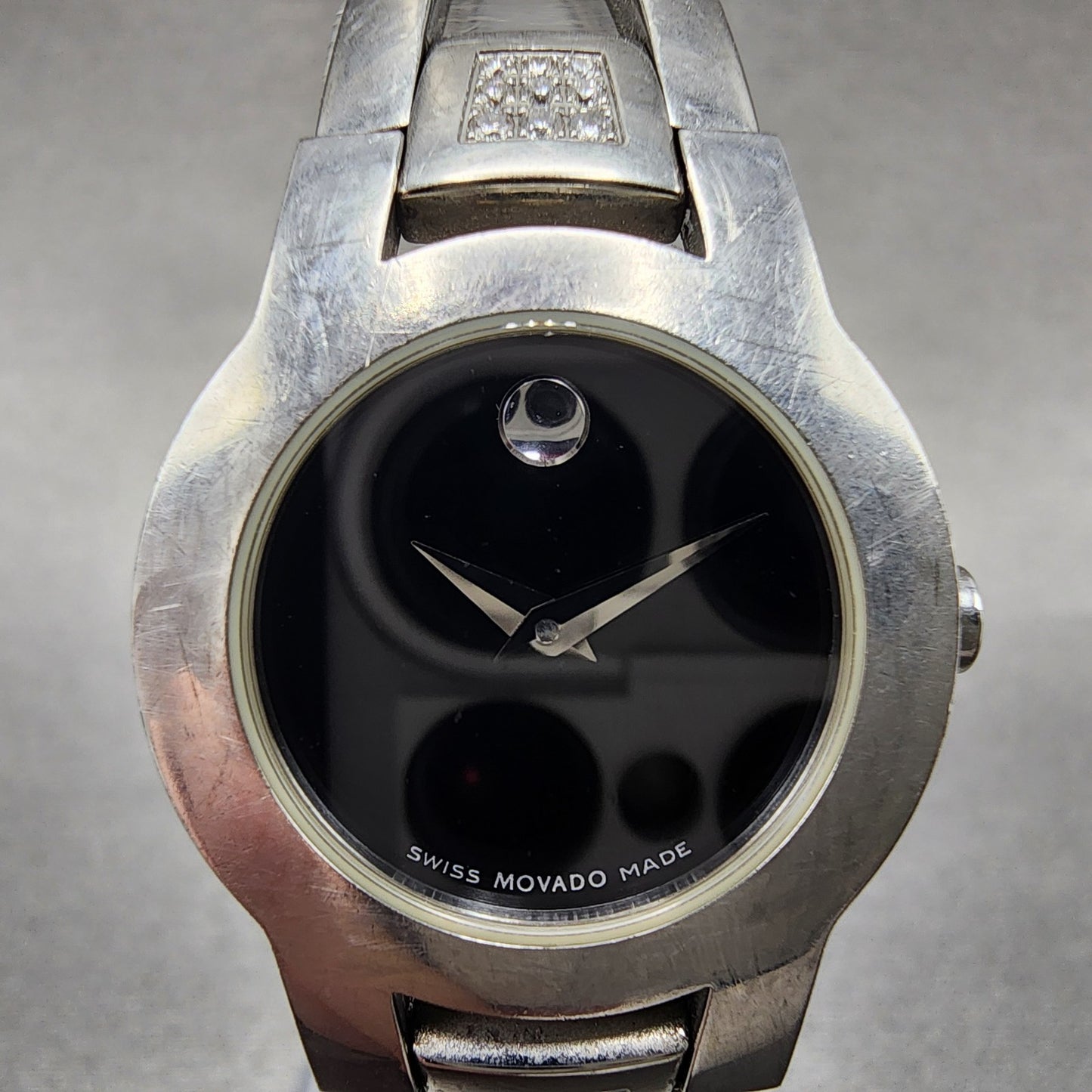 Movado Amorosa Watch Women 24mm Black Dial Steel Diamond Accents New Battery