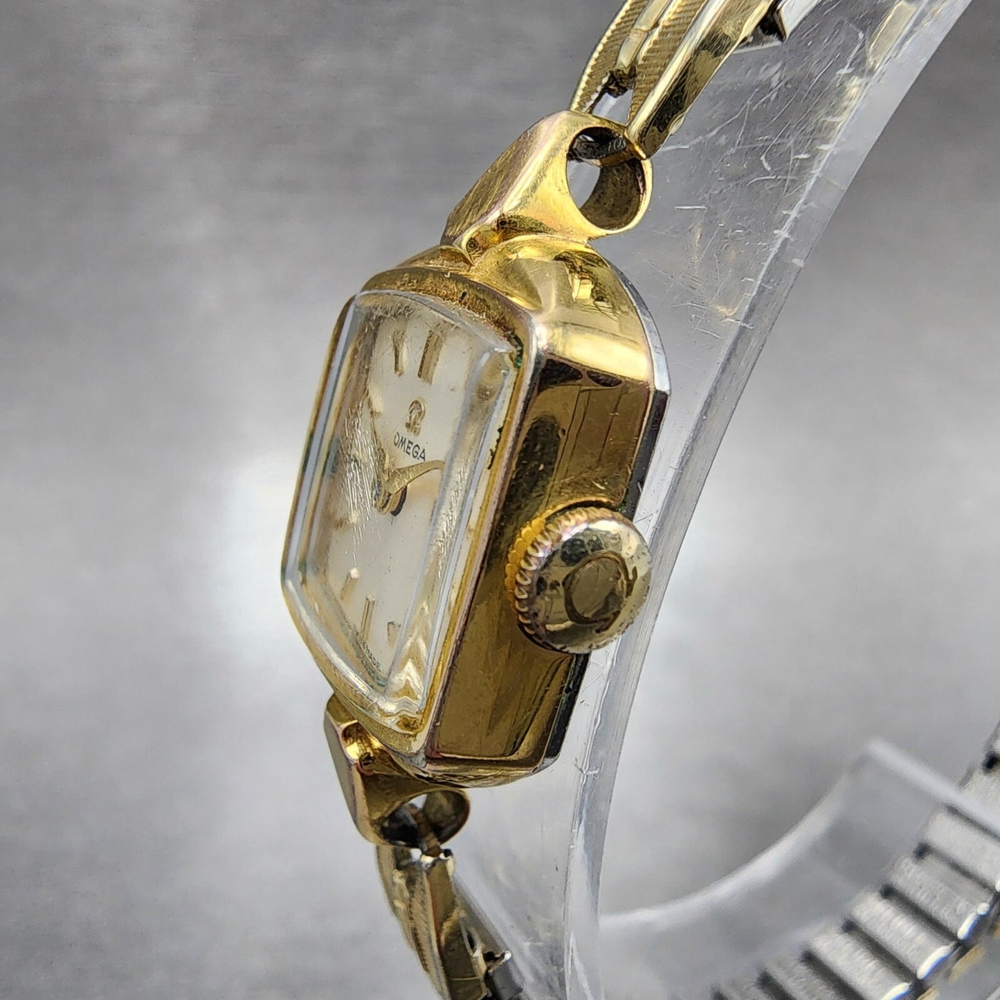 Omega Watch Women 15mm White Dial Gold Plated Rectangle Manual Wind Runs
