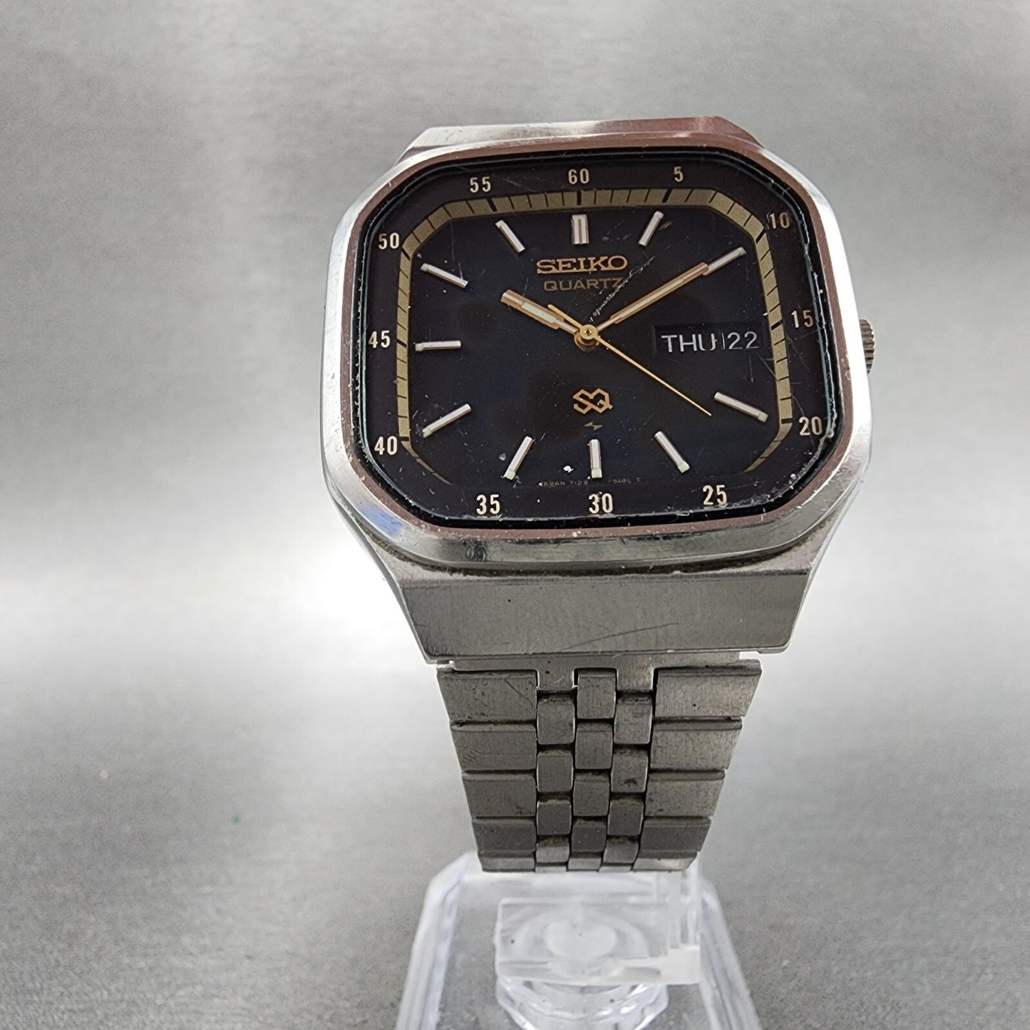 Seiko SQ Watch Men 36mm Black Dial Stainless Steel Daydate Rectangle New Battery