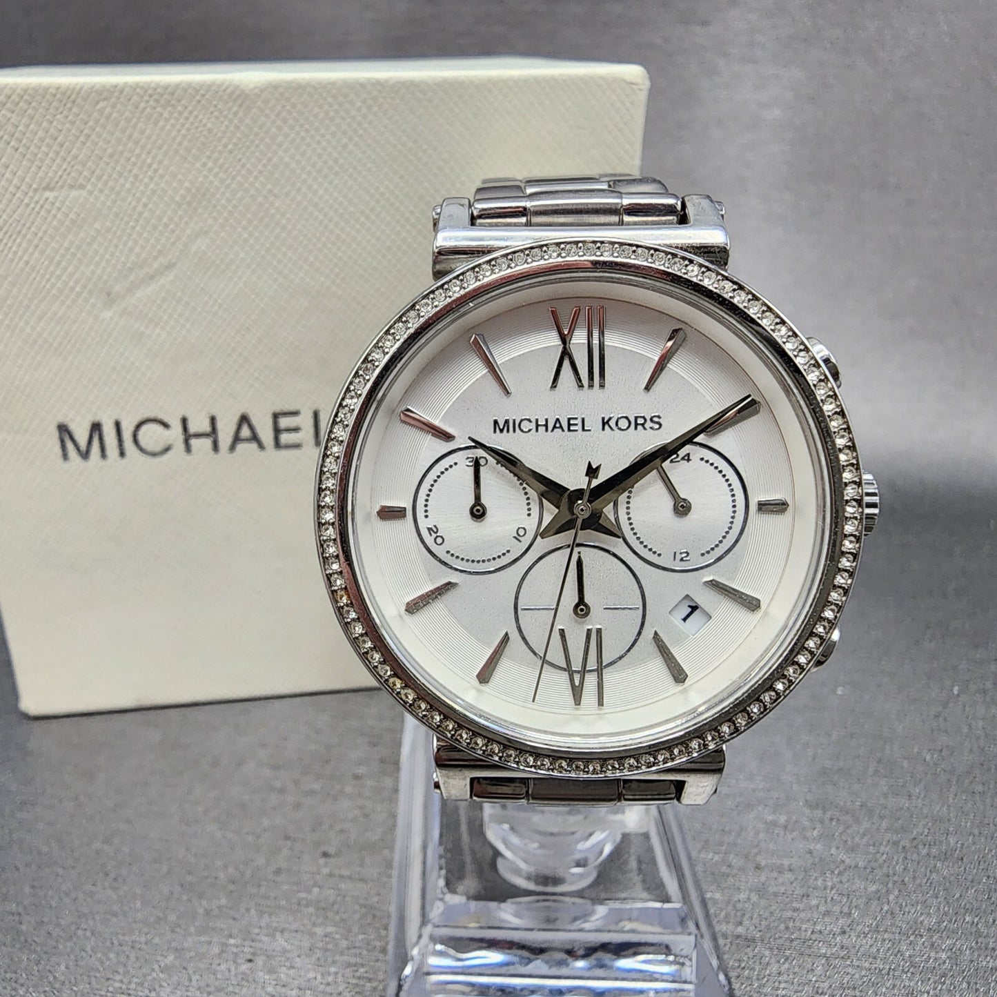 Michael Kors Sofie Watch Women 38mm White Dial Steel Date Chronograph New Batt