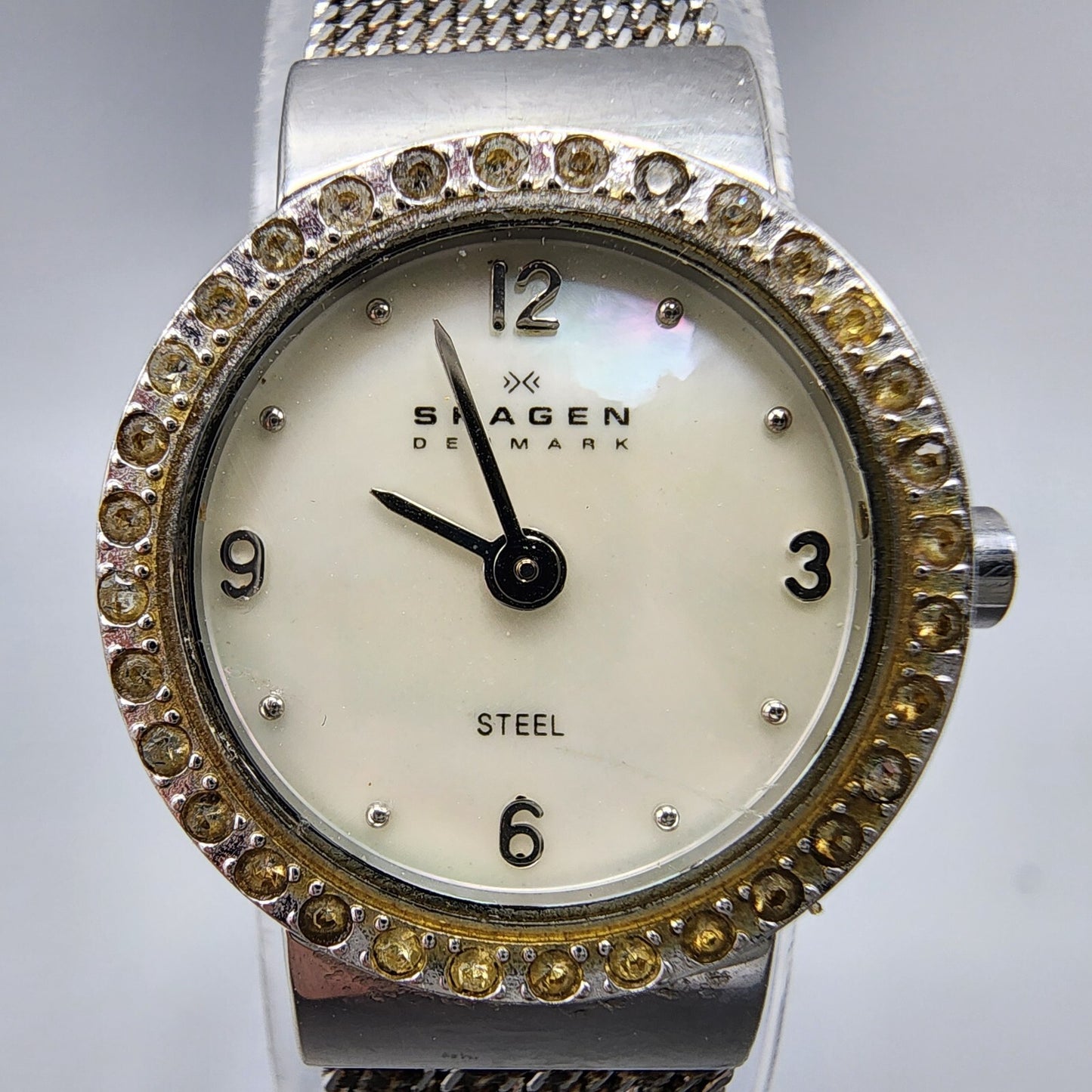 Skagen Steel Watch Women Silver Tone MOP Dial 19mm Round 590SSSMPCR New Battery