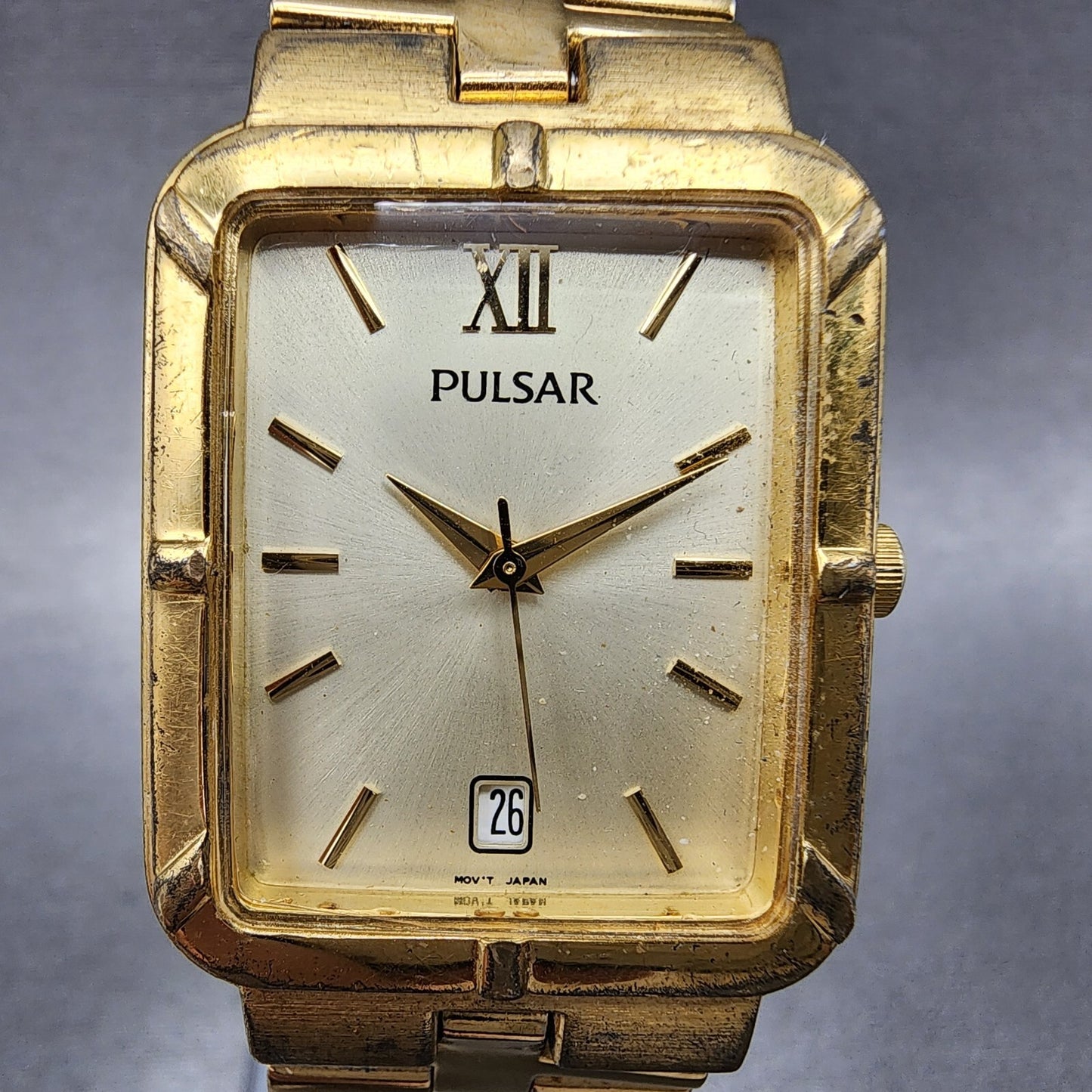 Pulsar Tank Watch Men 26mm Champagne Dial Gold Tone Date Rectangle New Battery