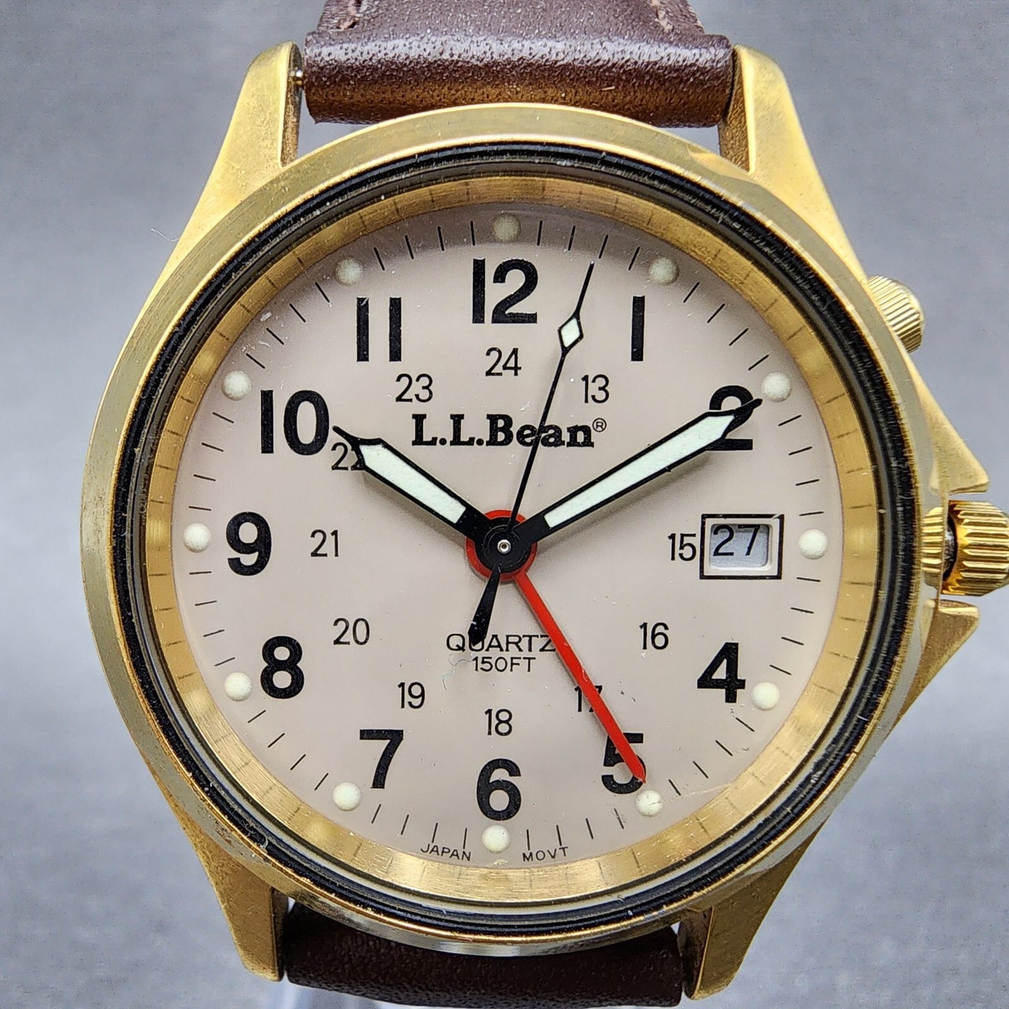 LL Bean Alarm Watch Men 34mm Gray Dial Gold Tone Date Round New Battery