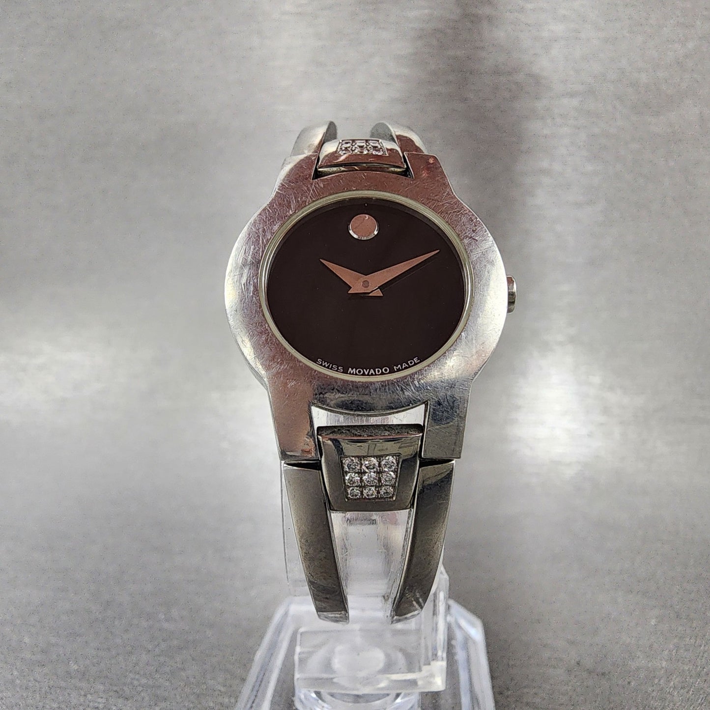 Movado Amorosa Watch Women 24mm Black Dial Steel Diamond Accents New Battery