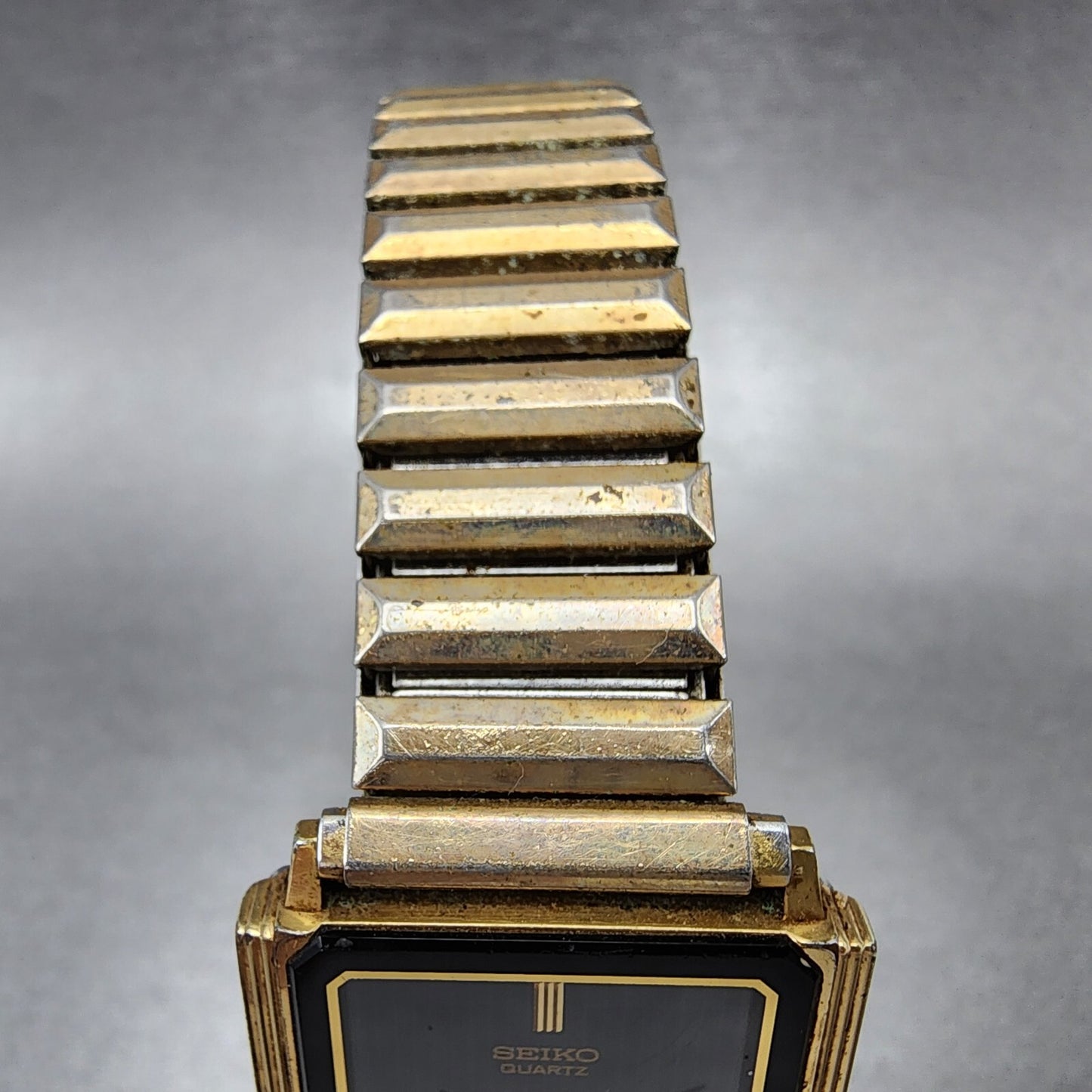 Seiko Tank Watch Men 26mm Black Dial Gold Tone Rectangle 7430-5169 New Battery