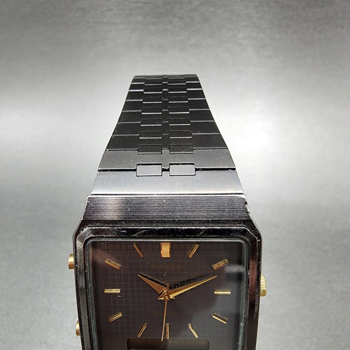 Pulsar Analog Digital Watch Men 29mm Black Dial Black Tone Rectangle READ!!!!!!!