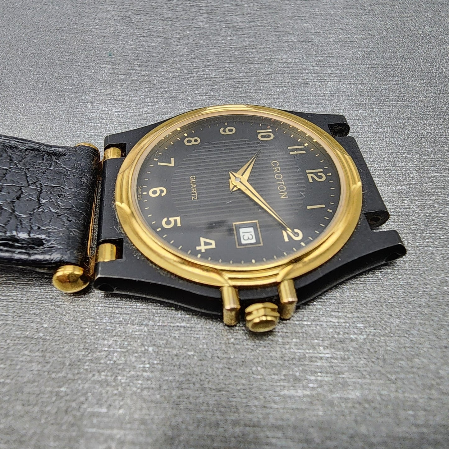 NOS Croton Watch Women 30mm Black Dial Black Tone Date Round New Battery