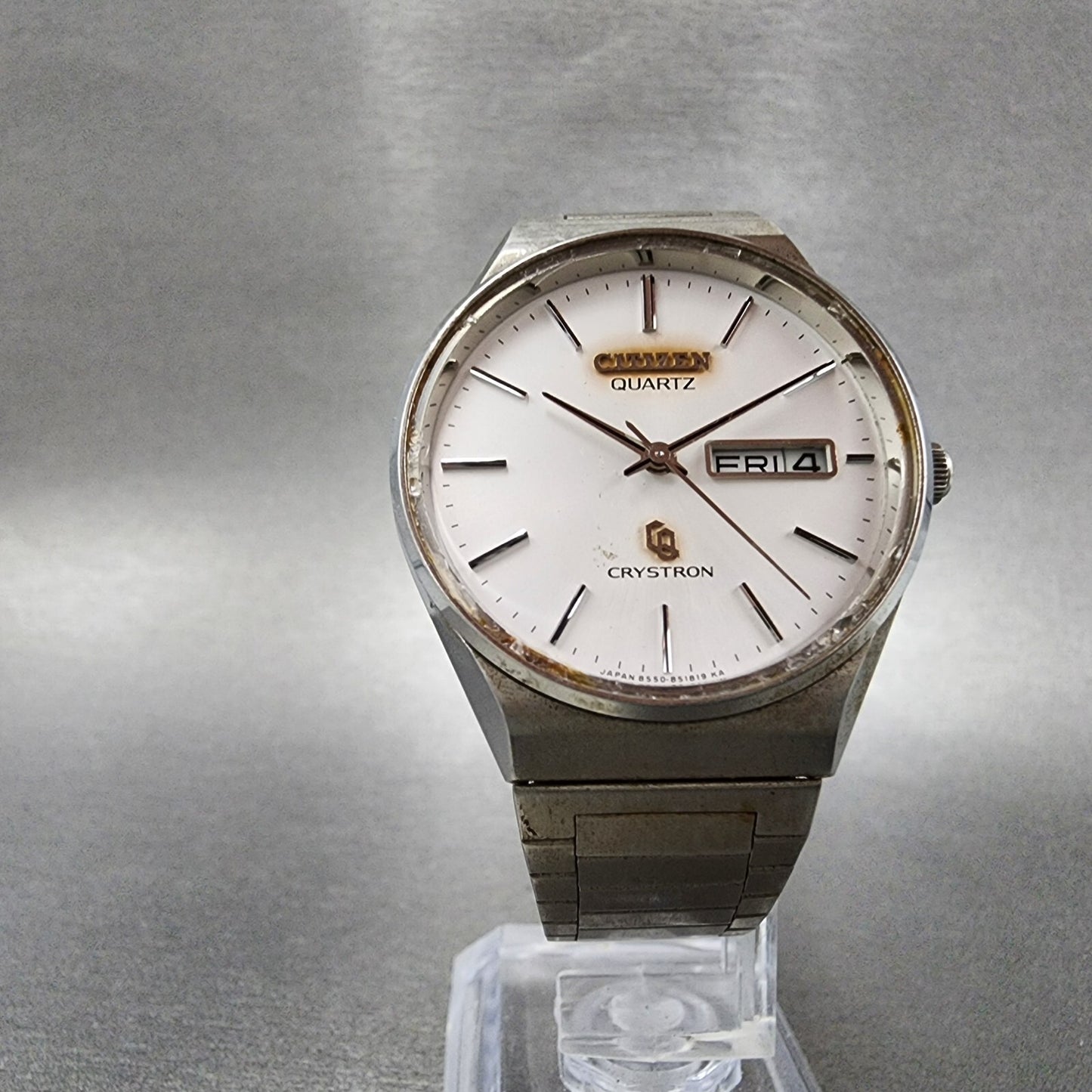 Citizen CQ Crystron Watch Men 33mm White Dial Steel Daydate 4-851153 8550 PARTS