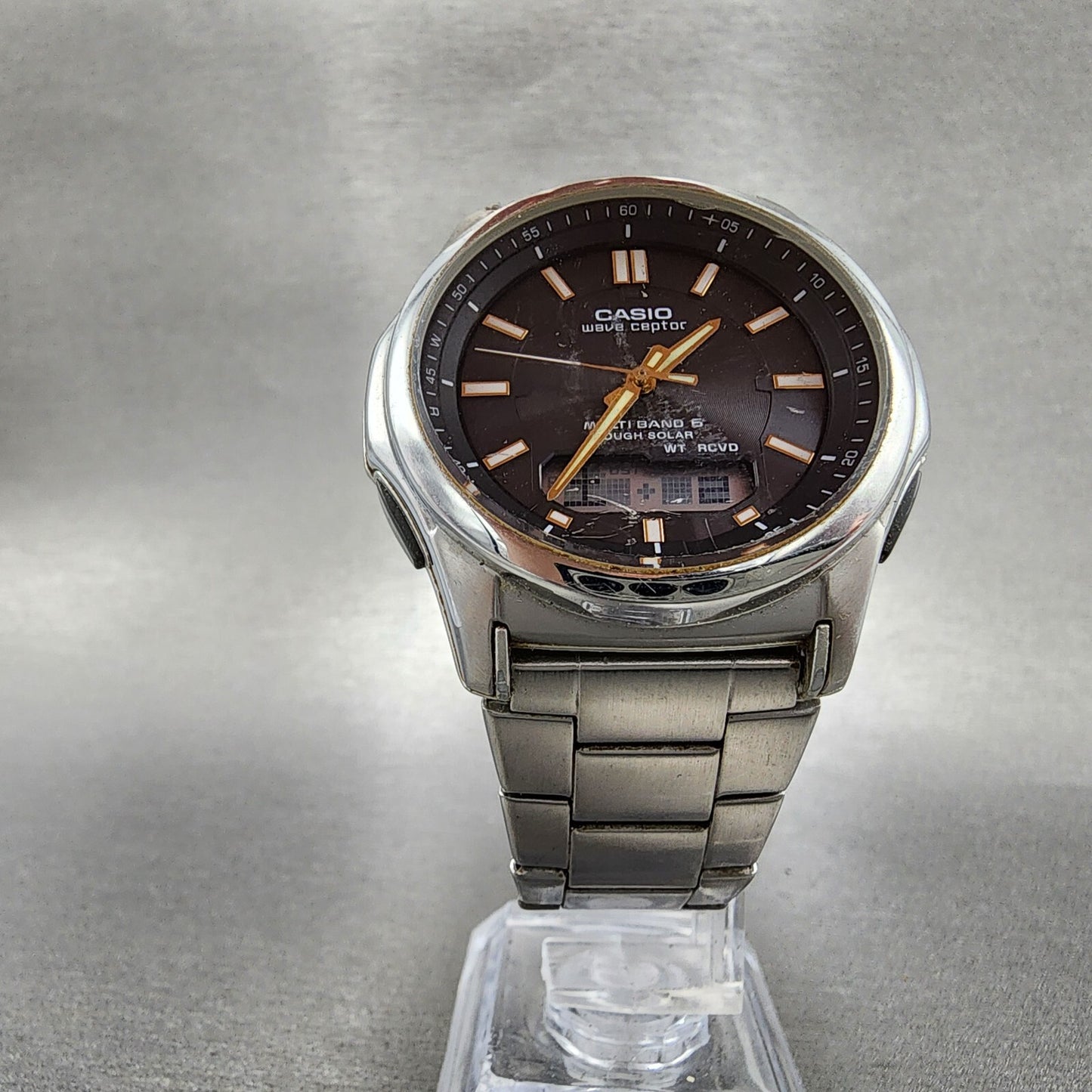 Casio Wave Ceptor Watch Men 42mm Black Dial Steel Analog Digital Solar Runs