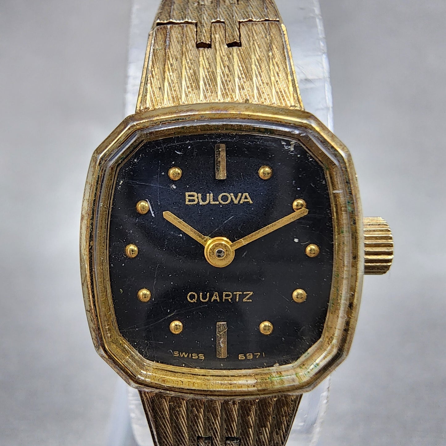 VTG Bulova Watch Women 16mm Black Dial Gold Tone Rectangle 6971 New Battery