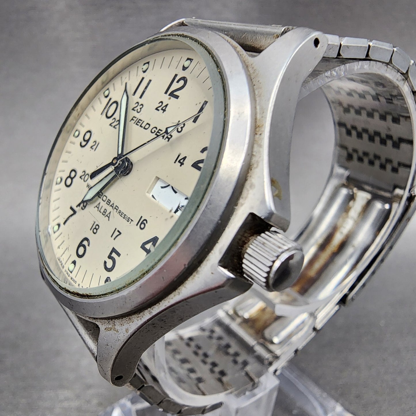 Seiko ALBA Field Gear Watch Men 35mm Cream Dial Silver Daydate V743-8000 PARTS