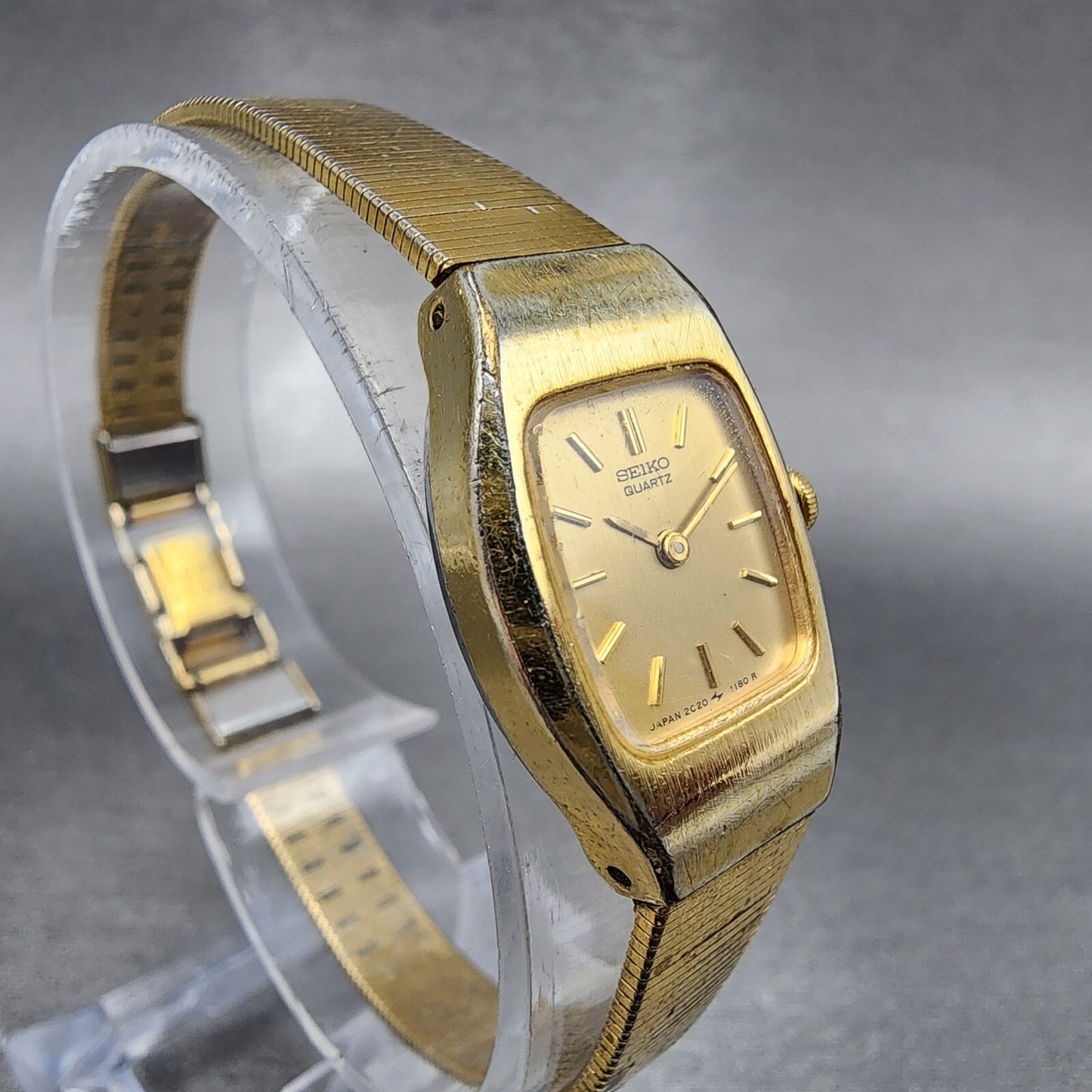 VTG Seiko Watch Women 16mm Gold Dial Gold Tone 2C20-5559 Tonneau New Battery