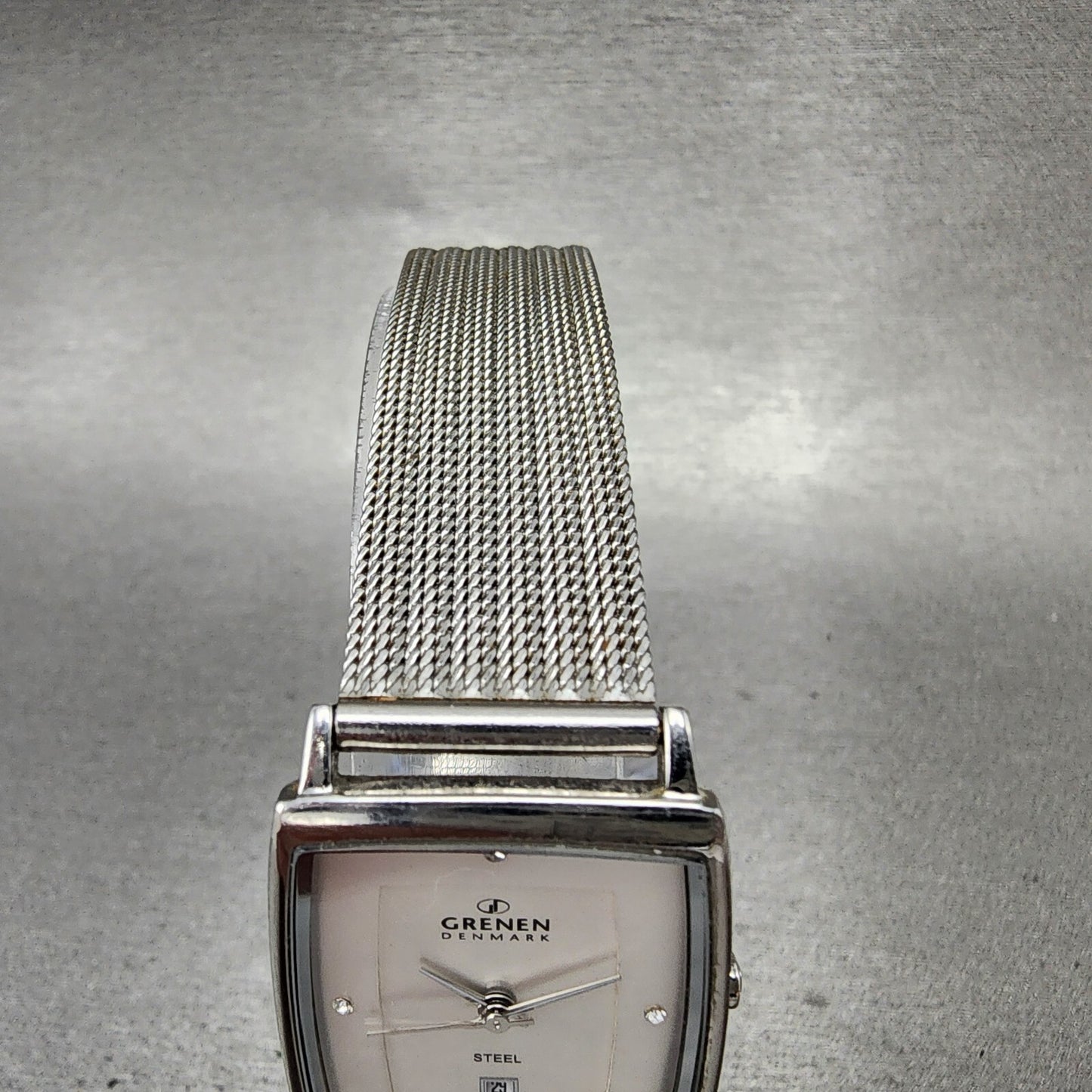 Skagen Grenen Tank Watch Women 23mm Silver Dial Steel Date Rectangle New Battery