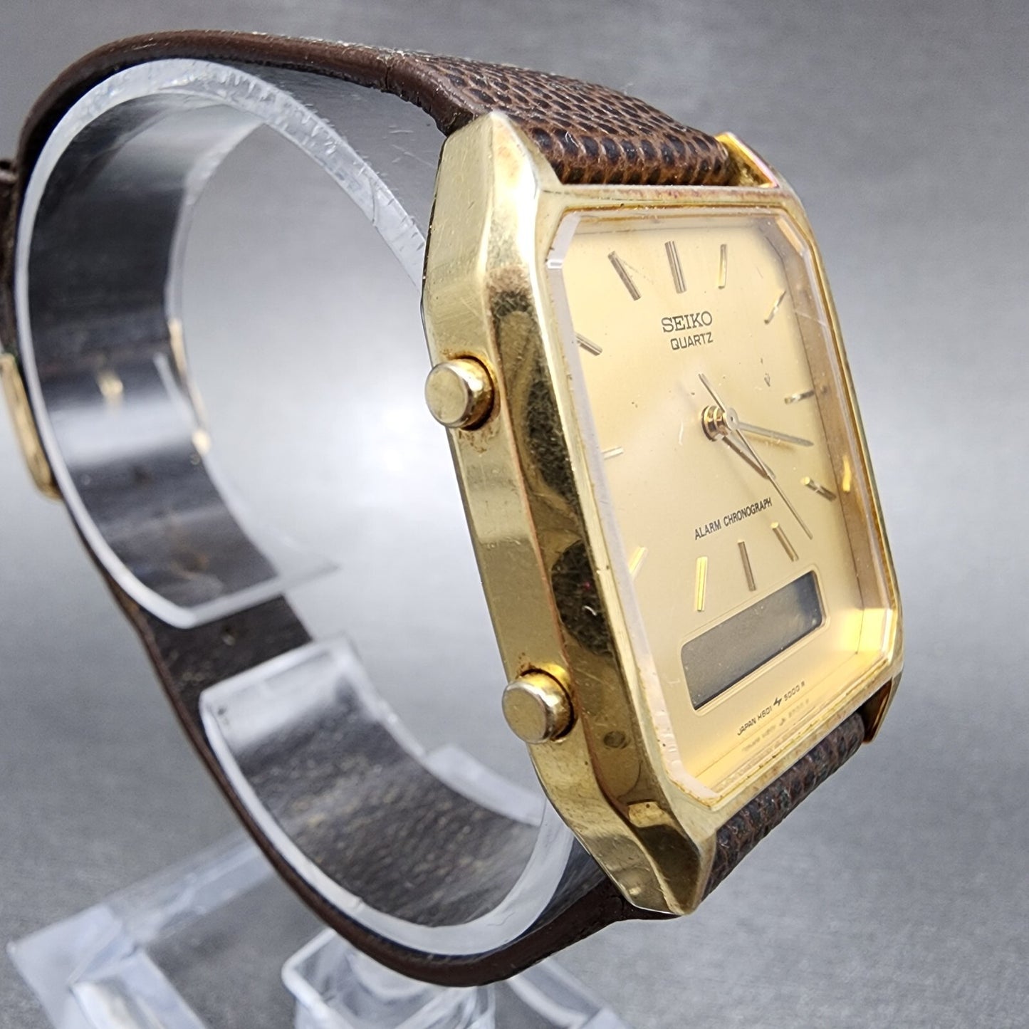 Seiko Analog Digital Watch Men 29mm Gold Dial Gold Tone Rectangle H601-5009 PART