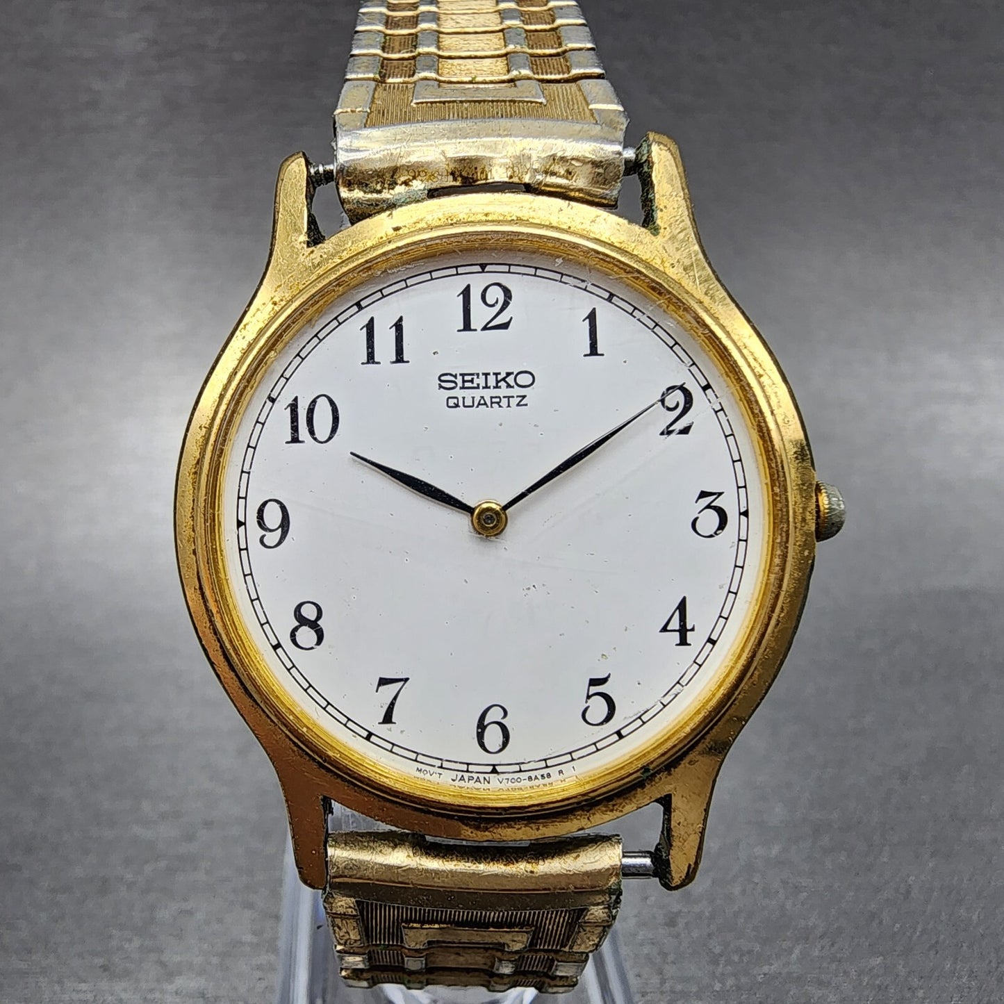 Seiko Watch Men 34mm White Dial Gold Tone Round V700-8a10 New Battery