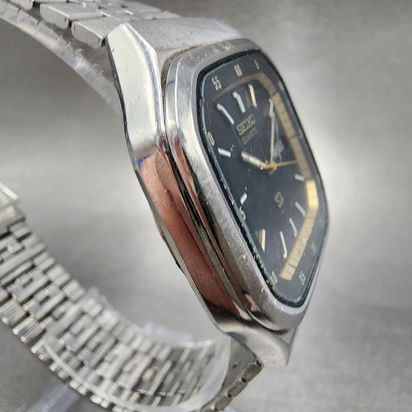 Seiko SQ Watch Men 36mm Black Dial Stainless Steel Daydate Rectangle New Battery