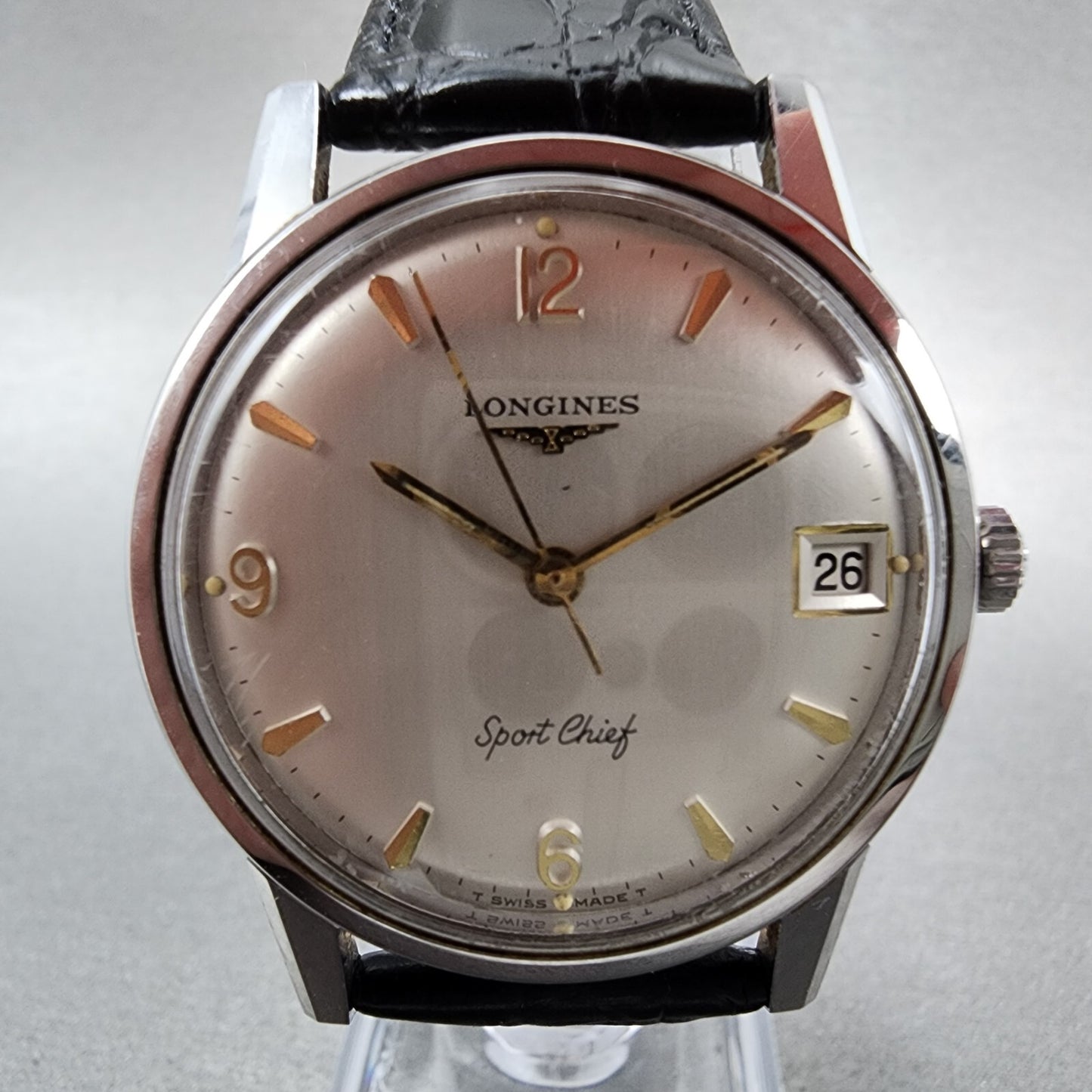 Longines Sport Chief Watch Men 34mm Champagne Dial Steel Date Round Manual Wind