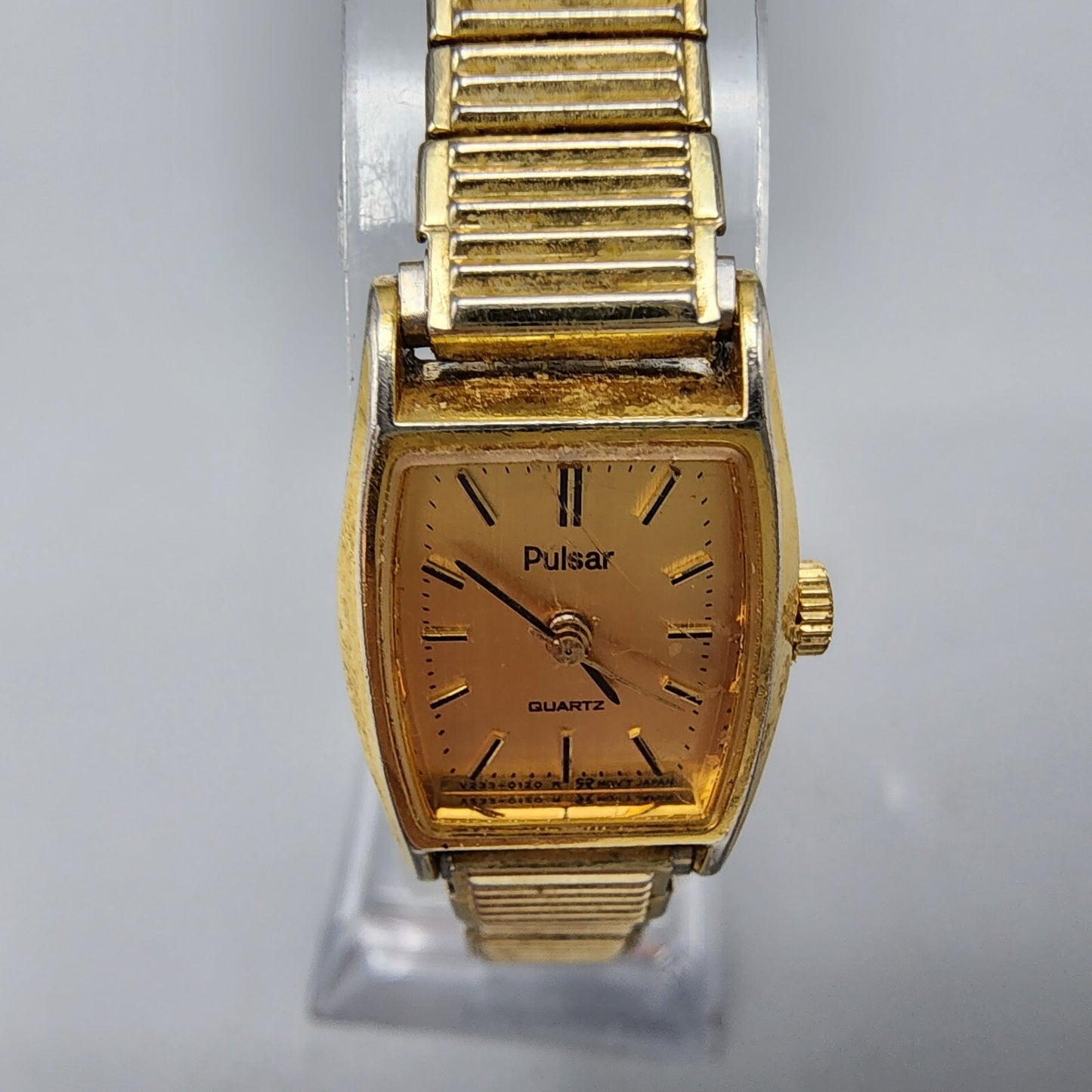 VTG Pulsar Watch Women Gold Tone Rectangle 16mm V233-5100 Stretch Band New Batt