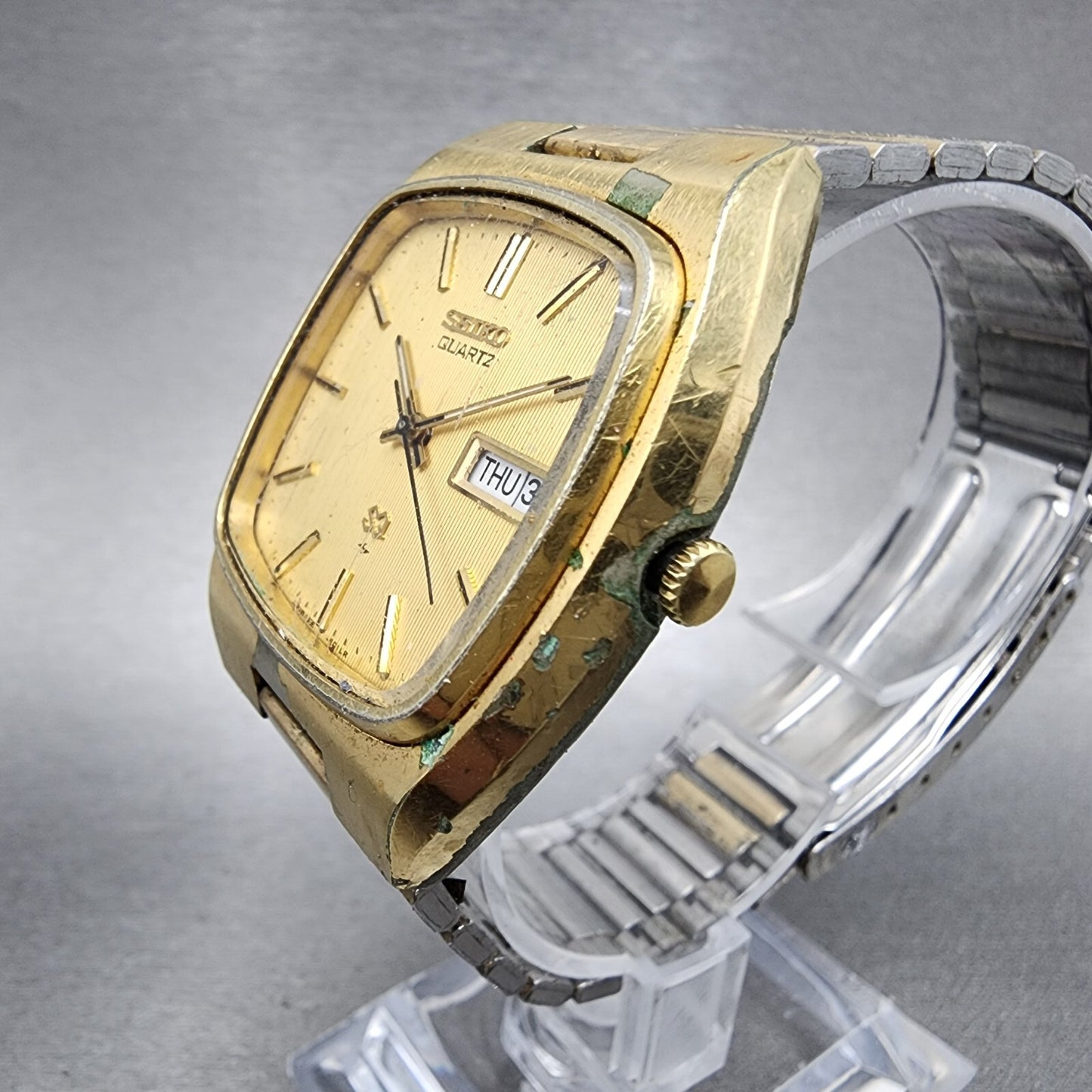 Seiko SQ Watch Men 36mm Gold Dial Gold Tone Rectangle Daydate 4336-5019 PARTS