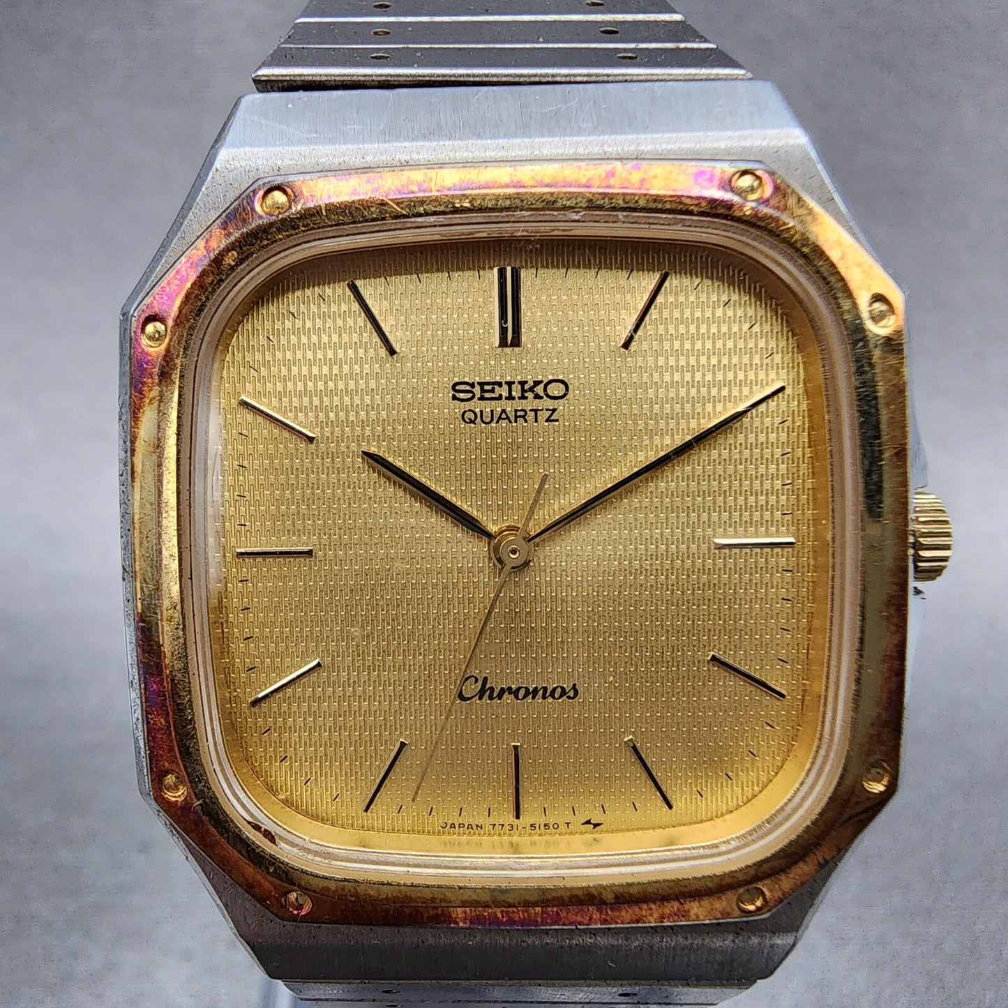 Seiko Chronos Watch Men 31mm Gold Dial Two Tone Octagon 7731-5130 New Battery
