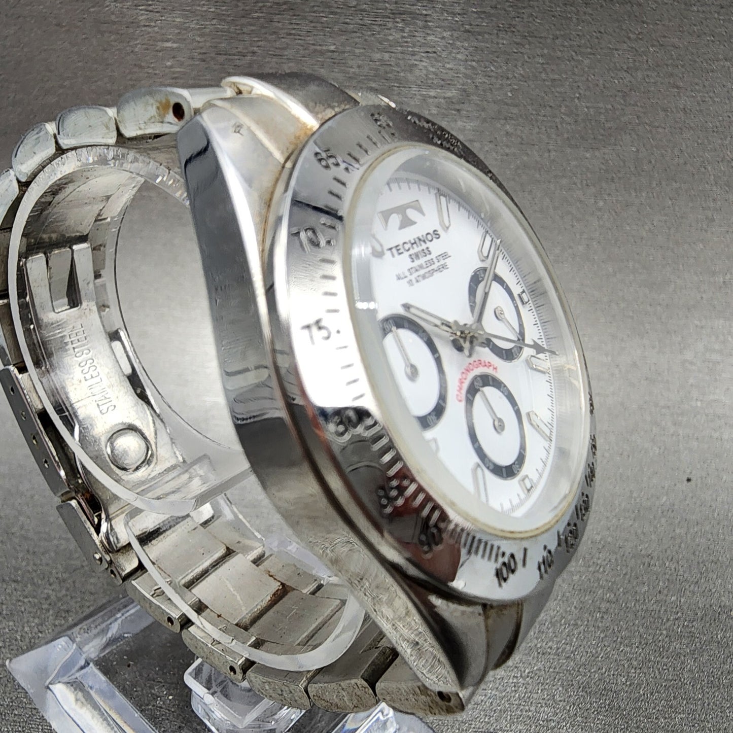 Technos Chronograph Watch Men 39mm White Dial Steel Round TGM615 New Battery