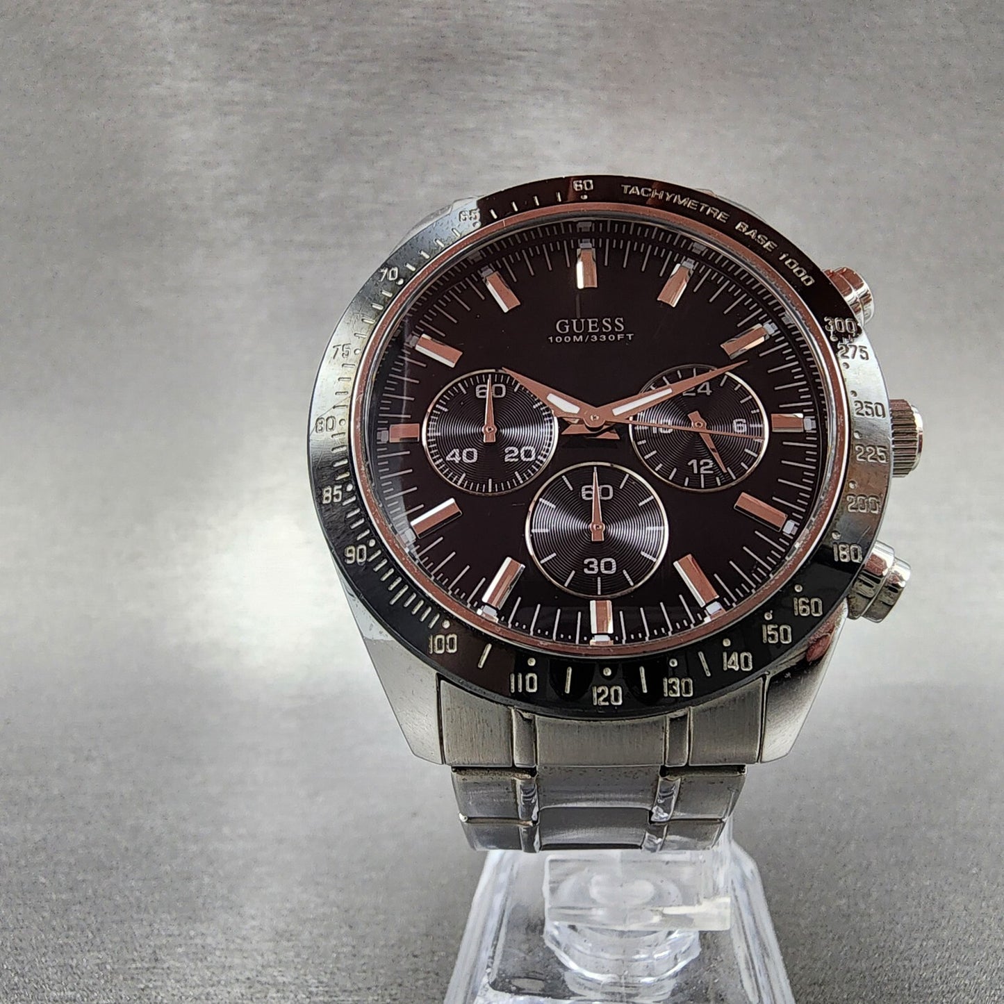 Guess Chronograph Watch Men 42mm Black Dial Steel Round U12505G1 New Battery