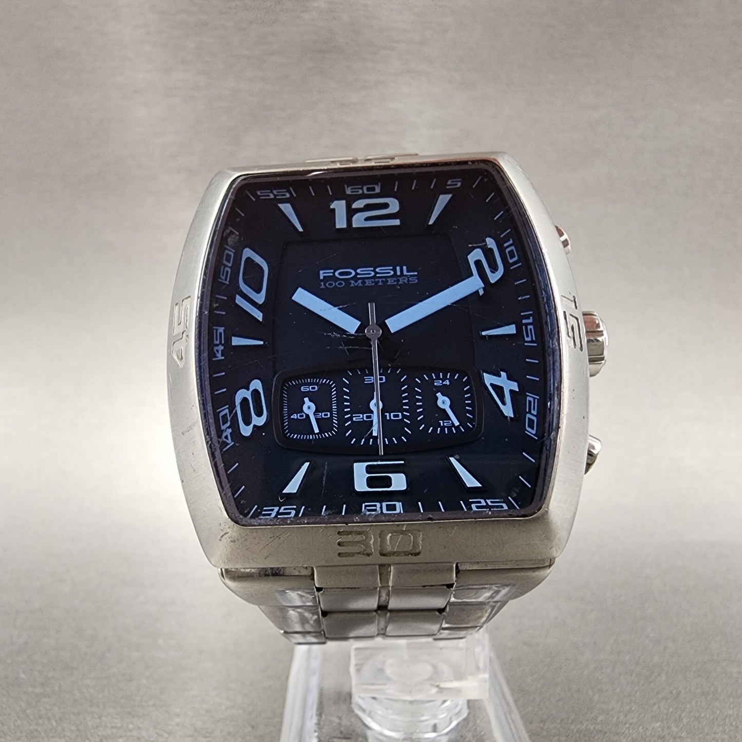 Fossil Chronograph Watch Men 41mm Black Dial Steel Rectangle CH2528 New Batt