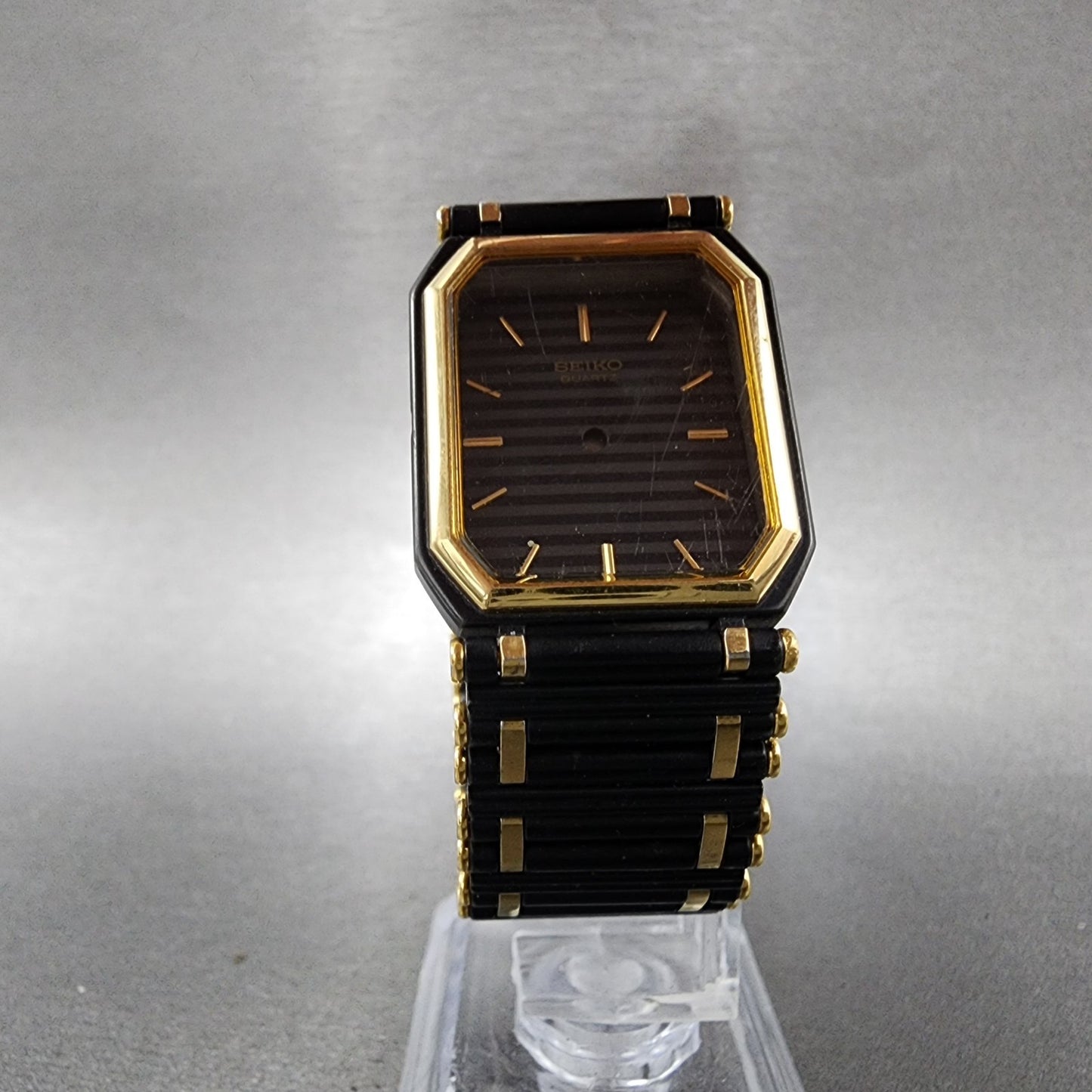 Seiko Tank Watch Men 24mm Black DIal Black & Gold Tone Octagon 7430-5810 PARTS