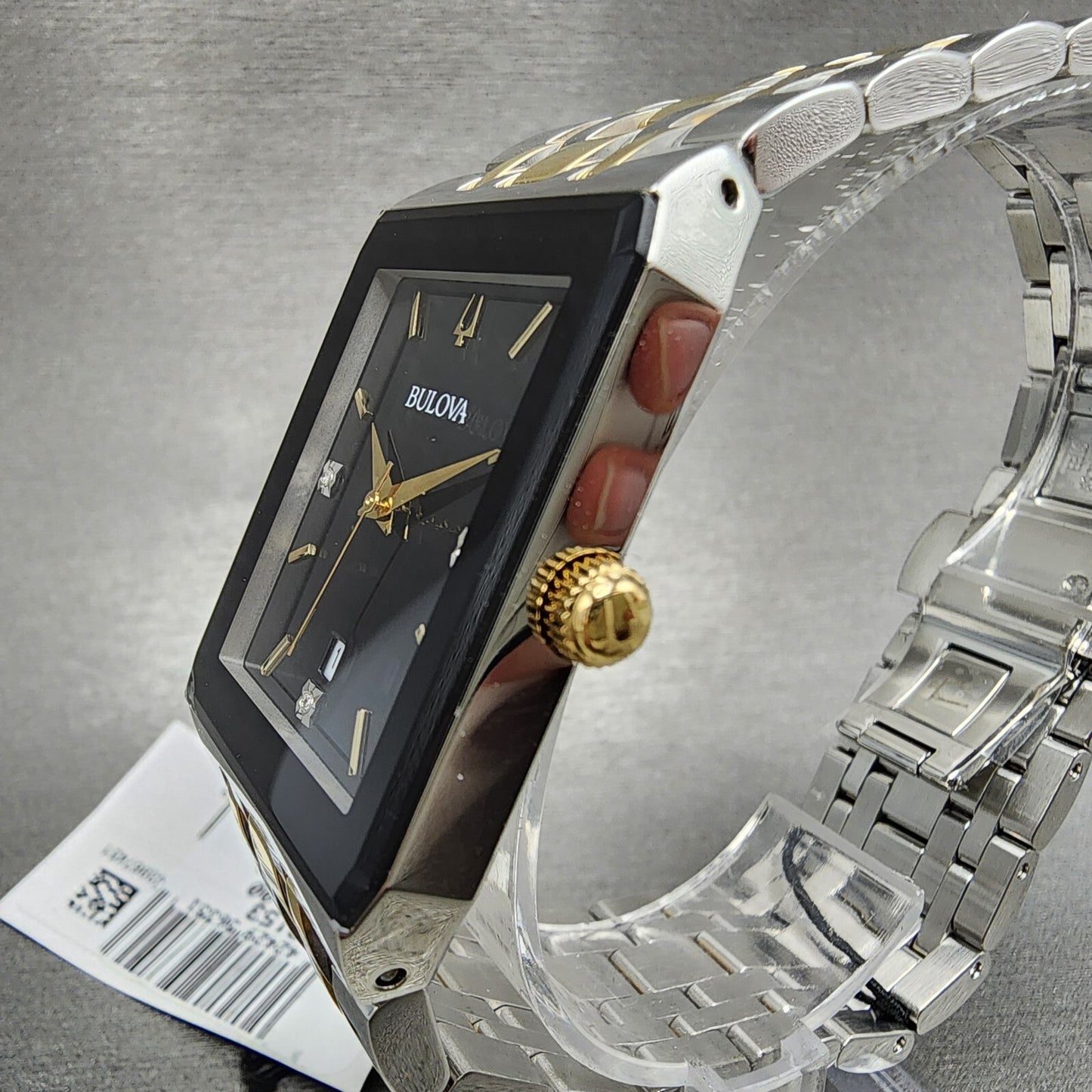 Bulova Quadra Tank Watch Women 21mm Black Dial Two Tone Rectangle 98P185 CHIPPED