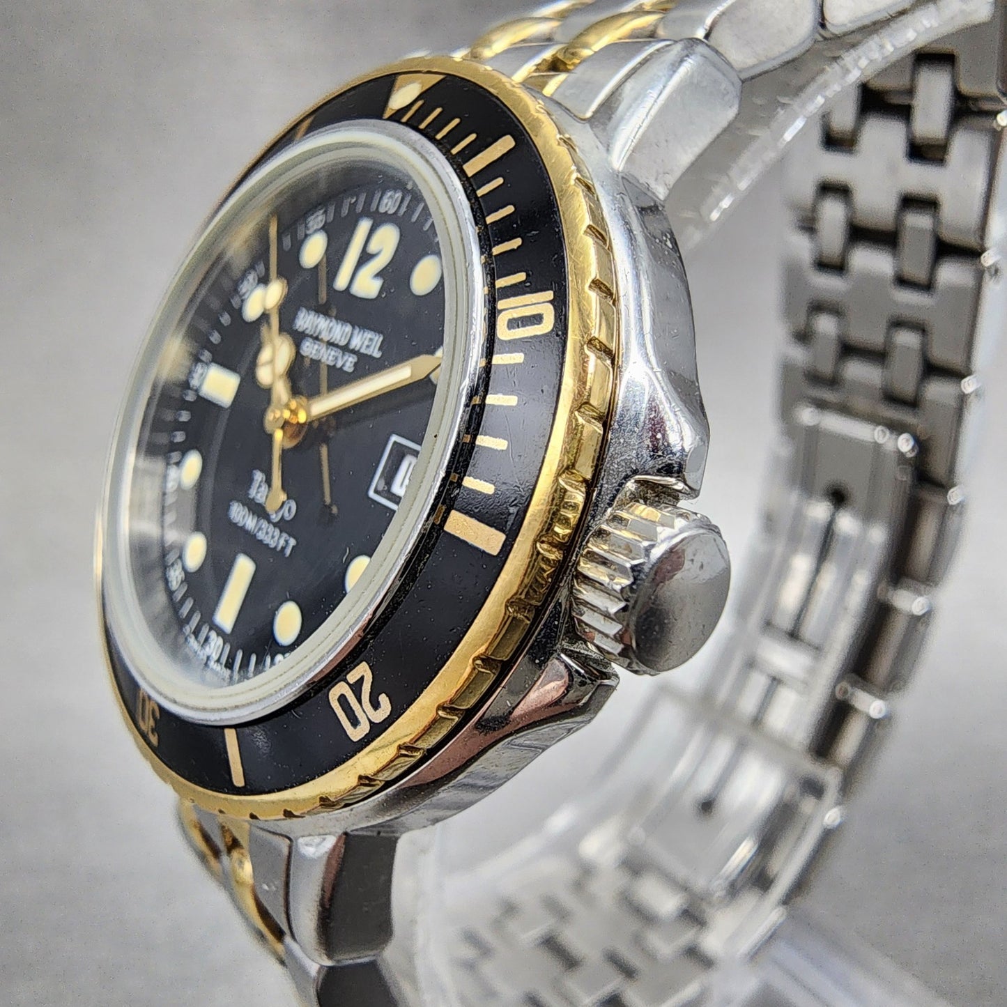 Raymond Weil Tango Diver Watch Women 30mm Black Dial Two Tone Date 5363 New Batt