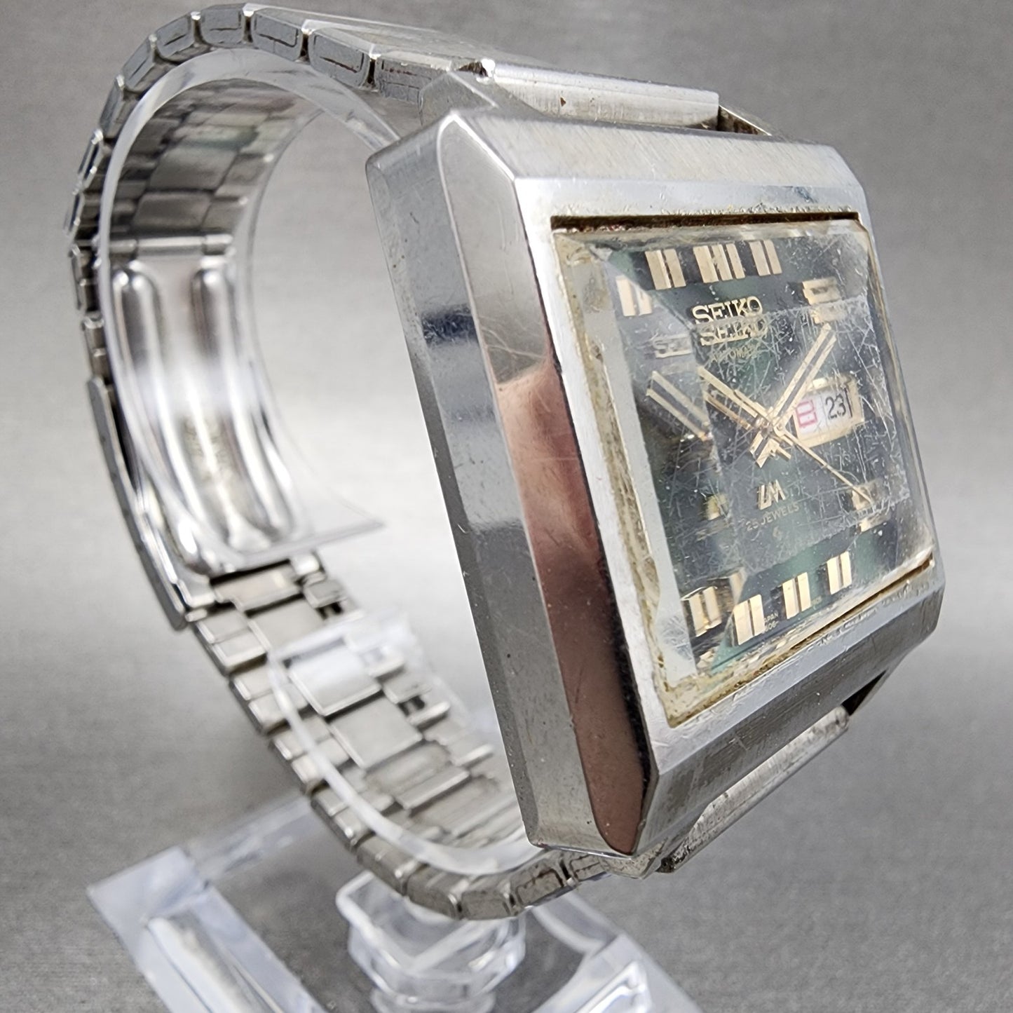 Seiko Lord Matic Watch Men 34mm Green Dial Silver Tone Daydate 5606-5080 Runs