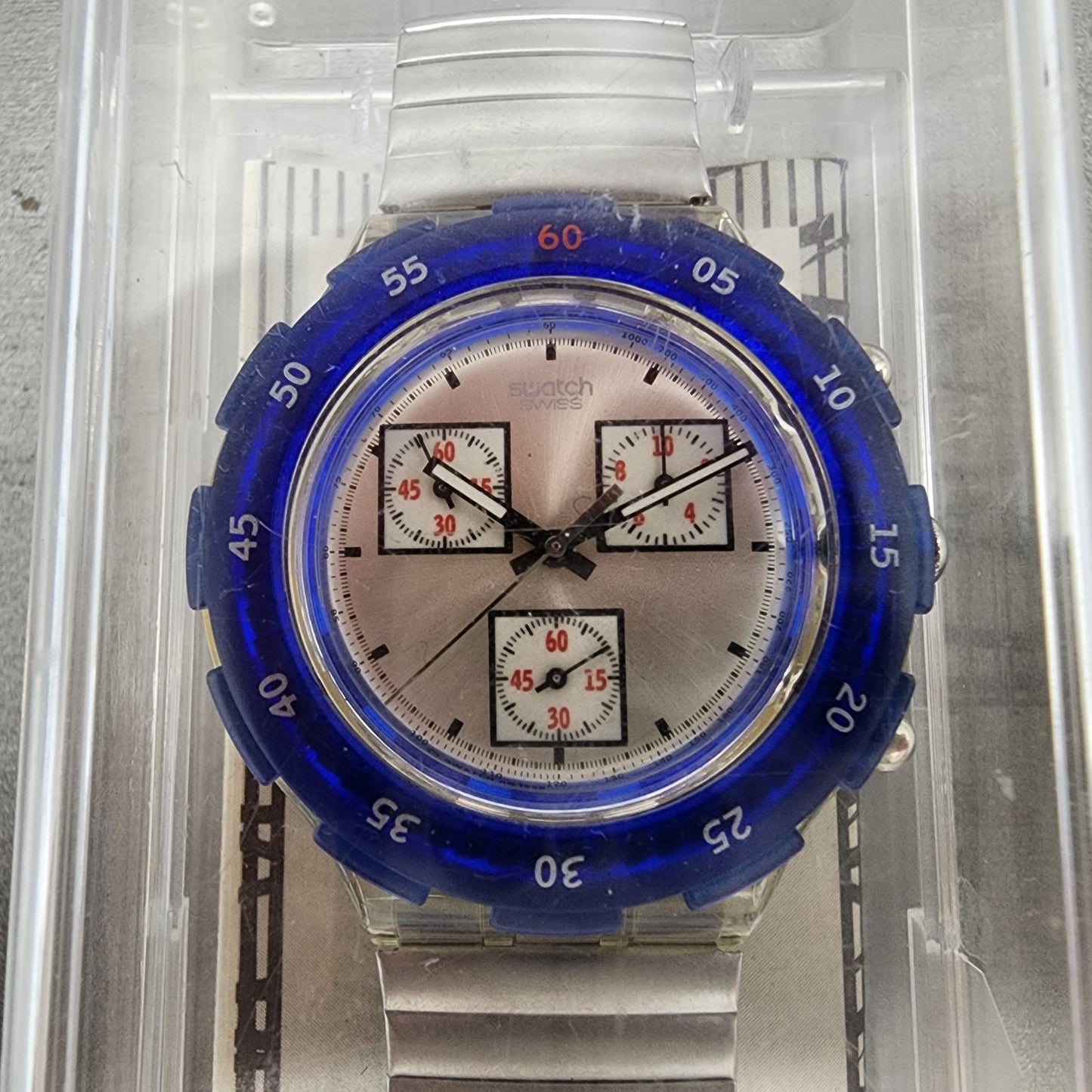 Swatch Aquachrono Watch Men 43mm Silver Dial Clear Case Round SBK117 READ!!!!