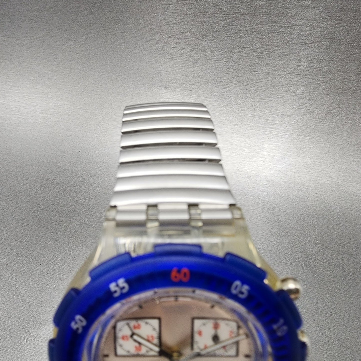 Swatch Aquachrono Watch Men 43mm Silver Dial Clear Case Round SBK117 READ!!!!