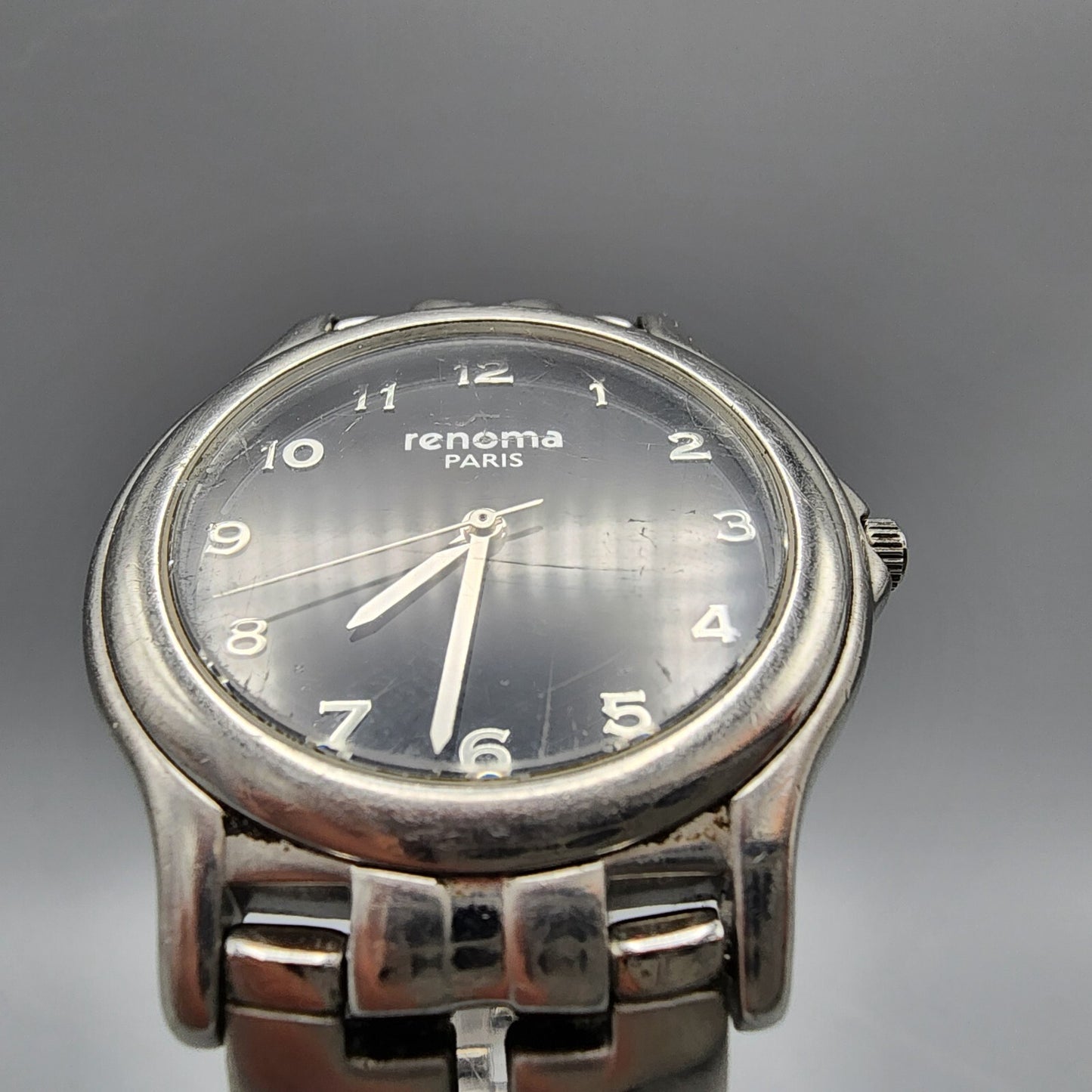 Vintage Renoma Watch Men Silver Tone Black Dial 35mm Round New Battery
