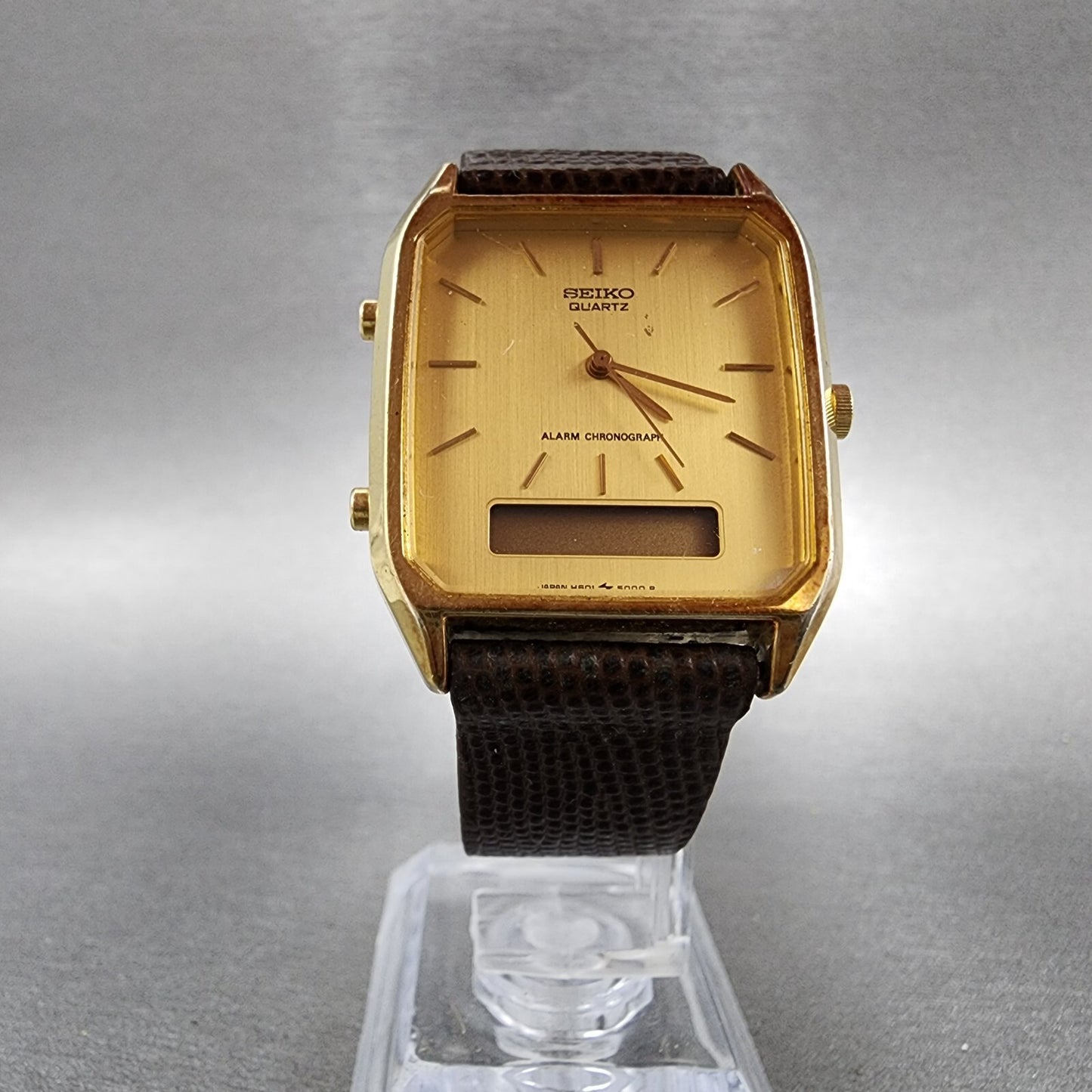 Seiko Analog Digital Watch Men 29mm Gold Dial Gold Tone Rectangle H601-5009 PART