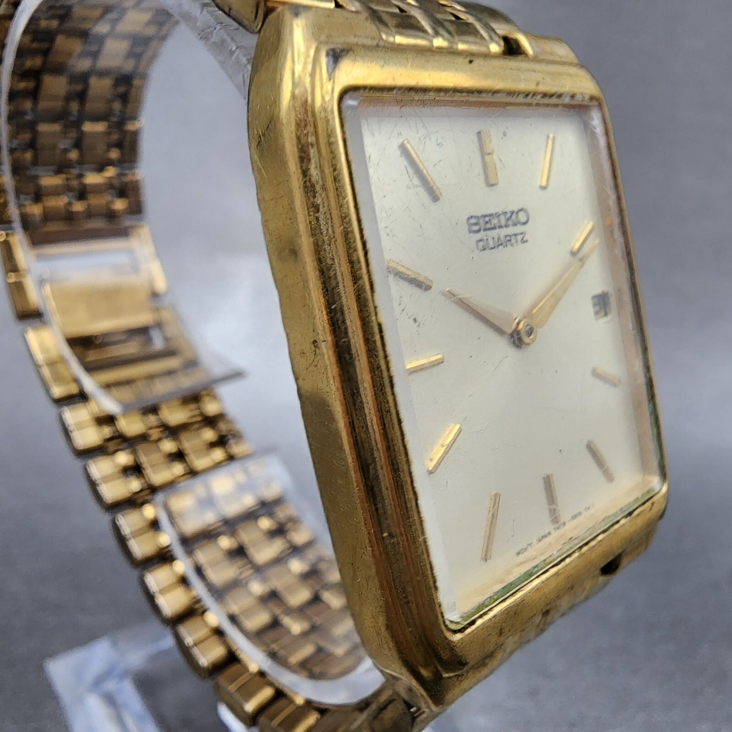 Seiko Tank Watch Men 27mm Champagne Dial Gold Tone Date 7n29-5b29 New Battery