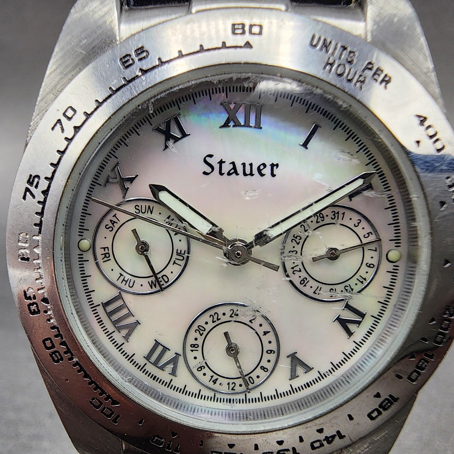 Stauer Monaco Watch Women 35mm MOP Dial Steel Daydate Round 15458 New Battery