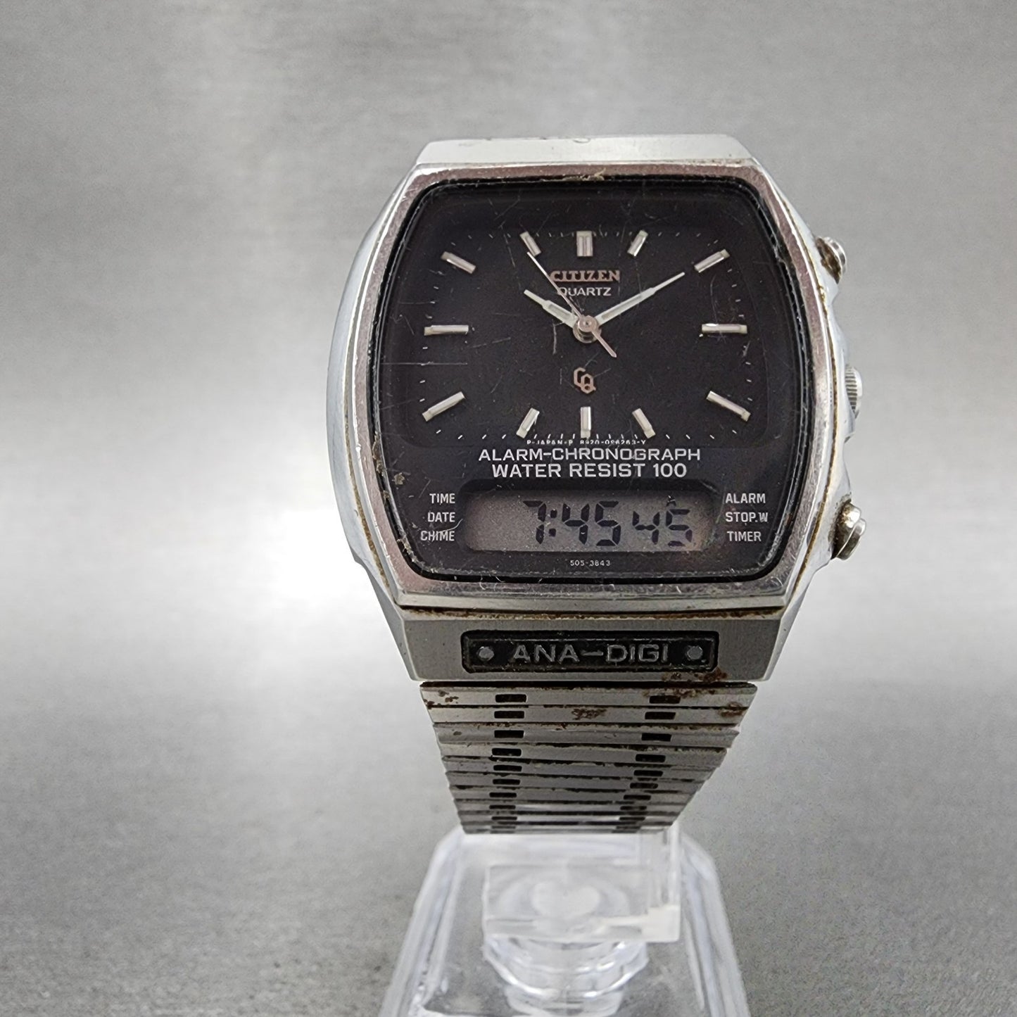 Citizen CQ Analog Digital Watch Men 35mm Black Dial Steel Rectangle READ!!! Runs